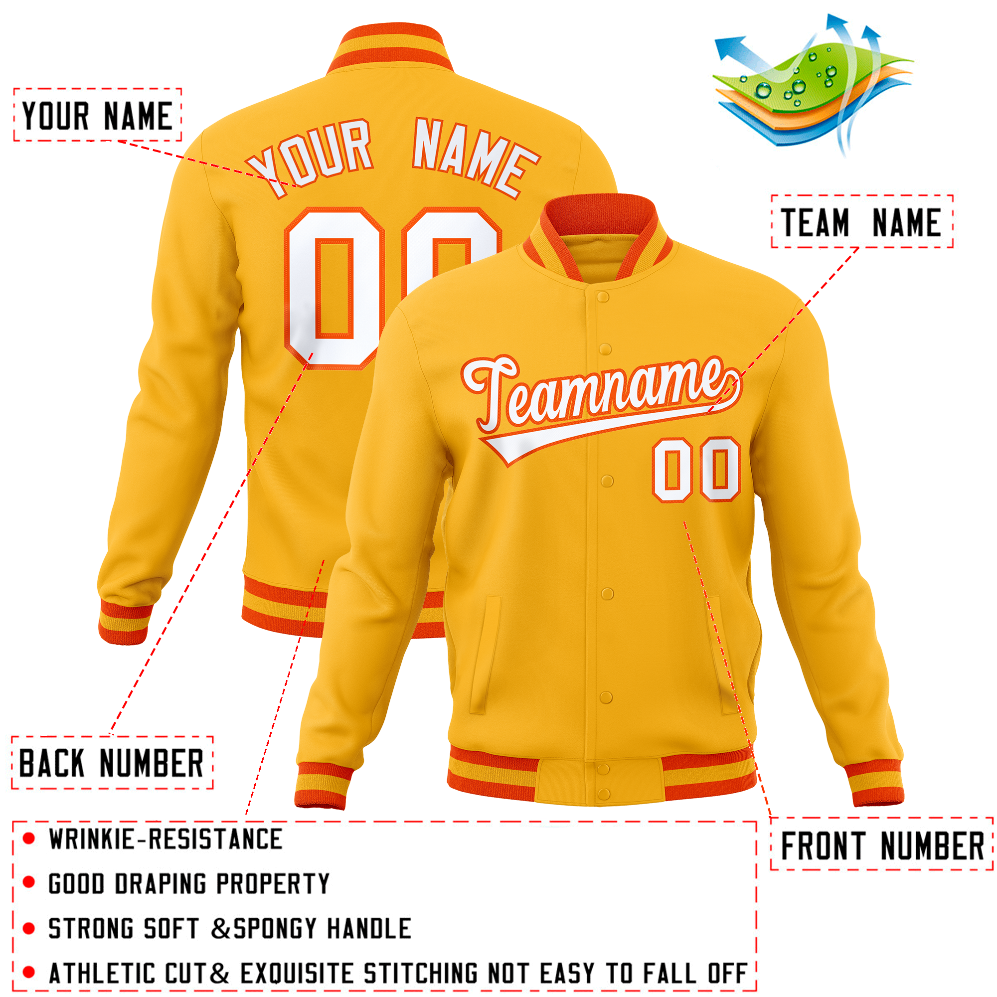 Custom Gold Classic Style Varsity Full-Snap Letterman Baseball Jersey