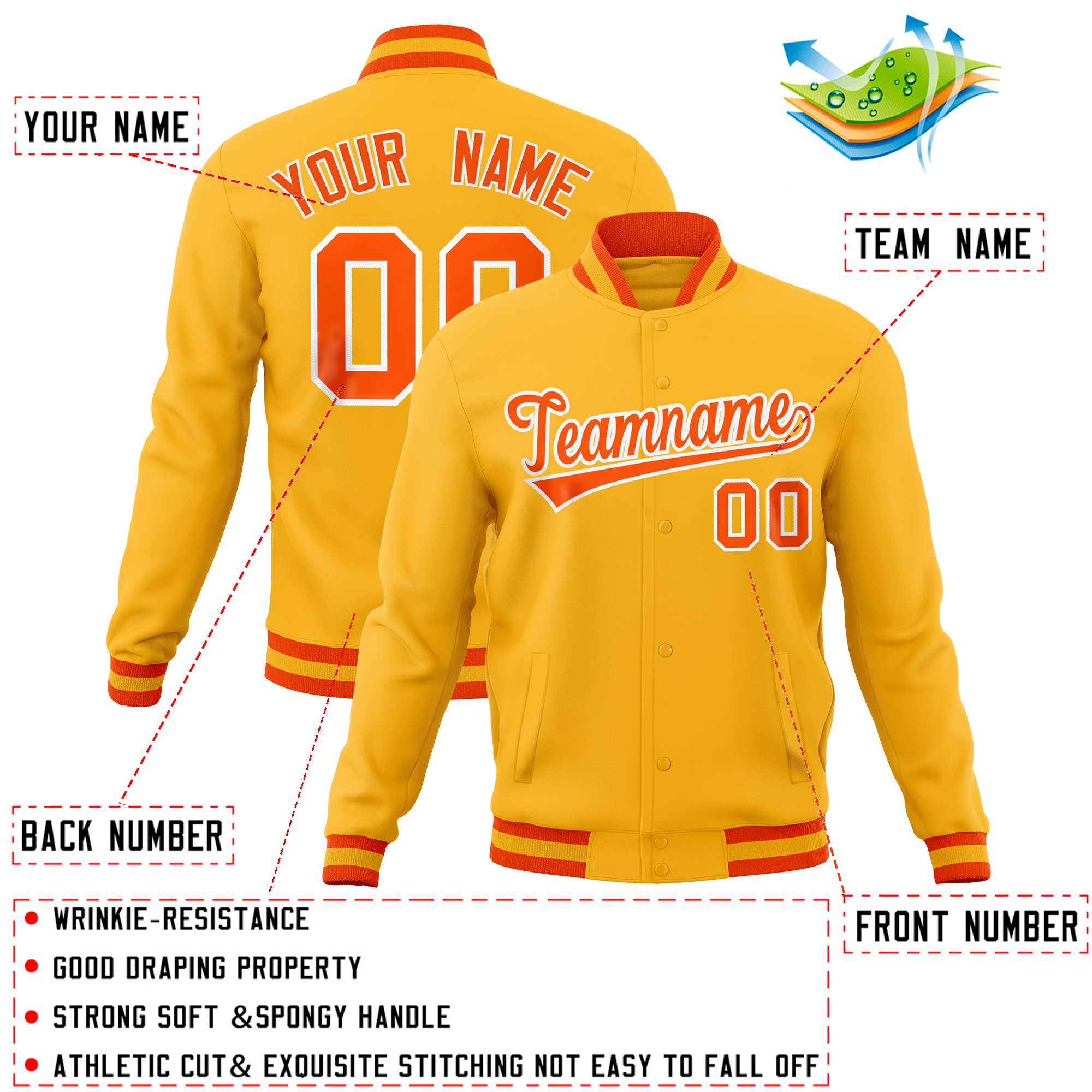 Custom Gold Classic Style Varsity Full-Snap Letterman Baseball Jersey