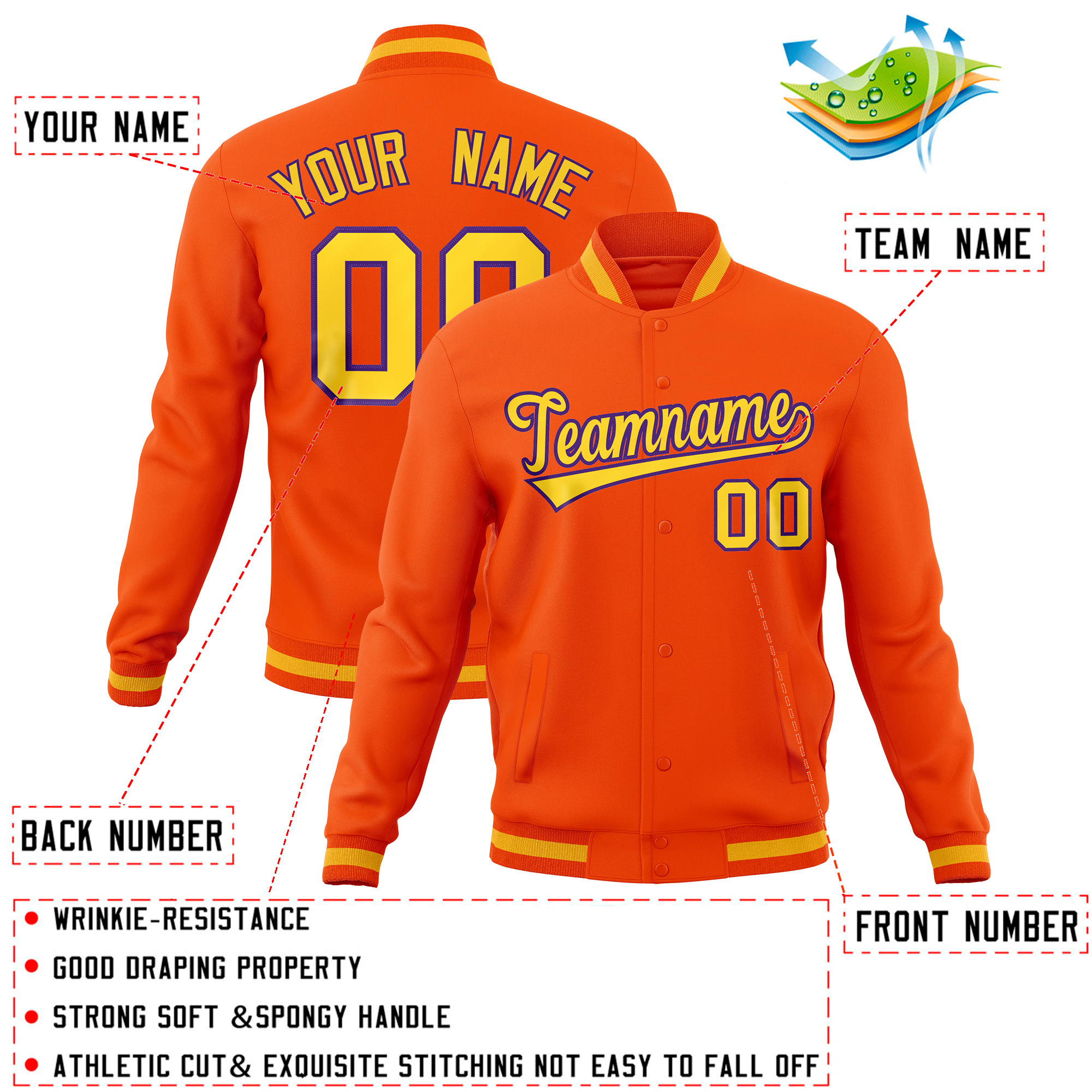 Custom Orange Classic Style Varsity Full-Snap Letterman Baseball Jersey