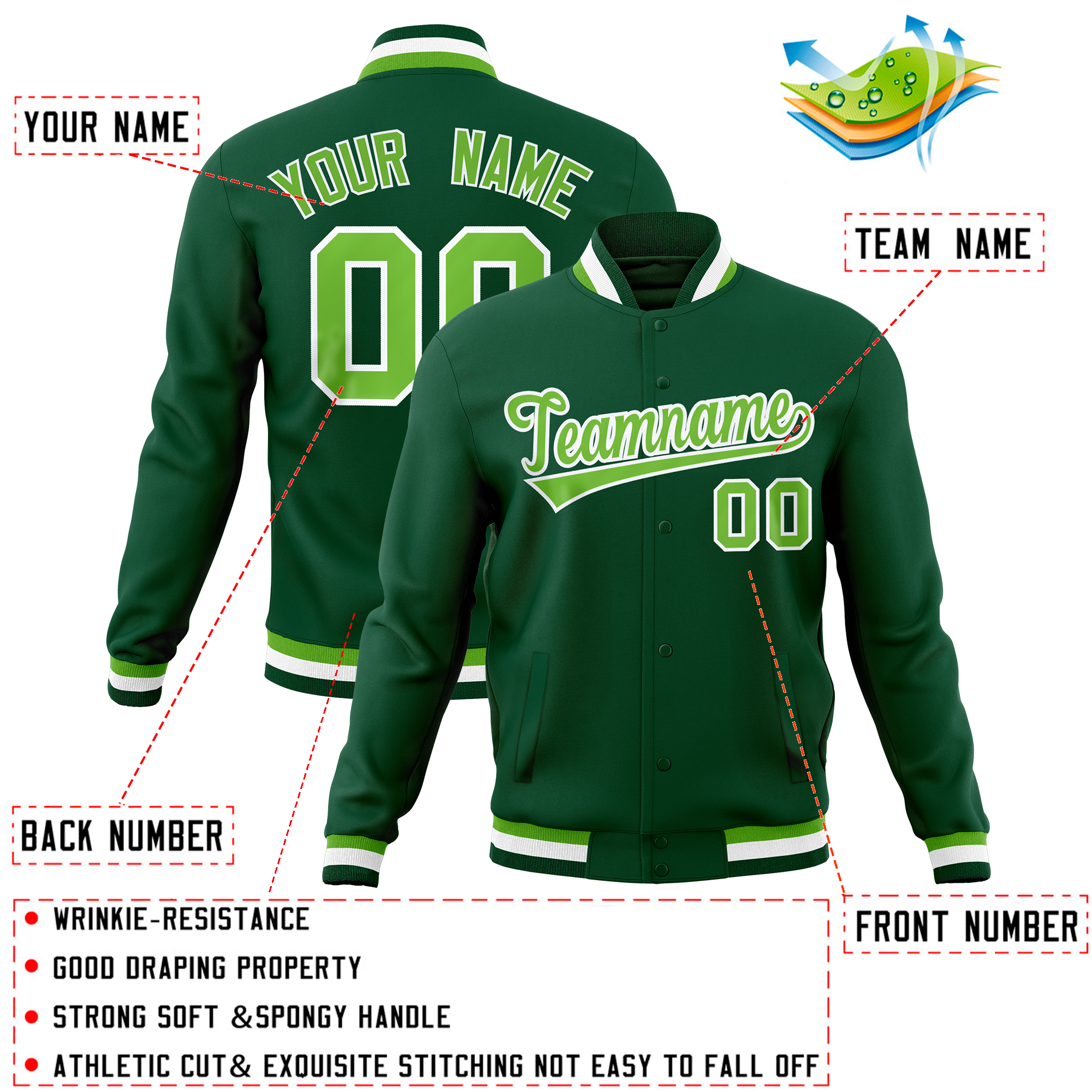 Custom Green Classic Style Varsity Full-Snap Letterman Baseball Jersey