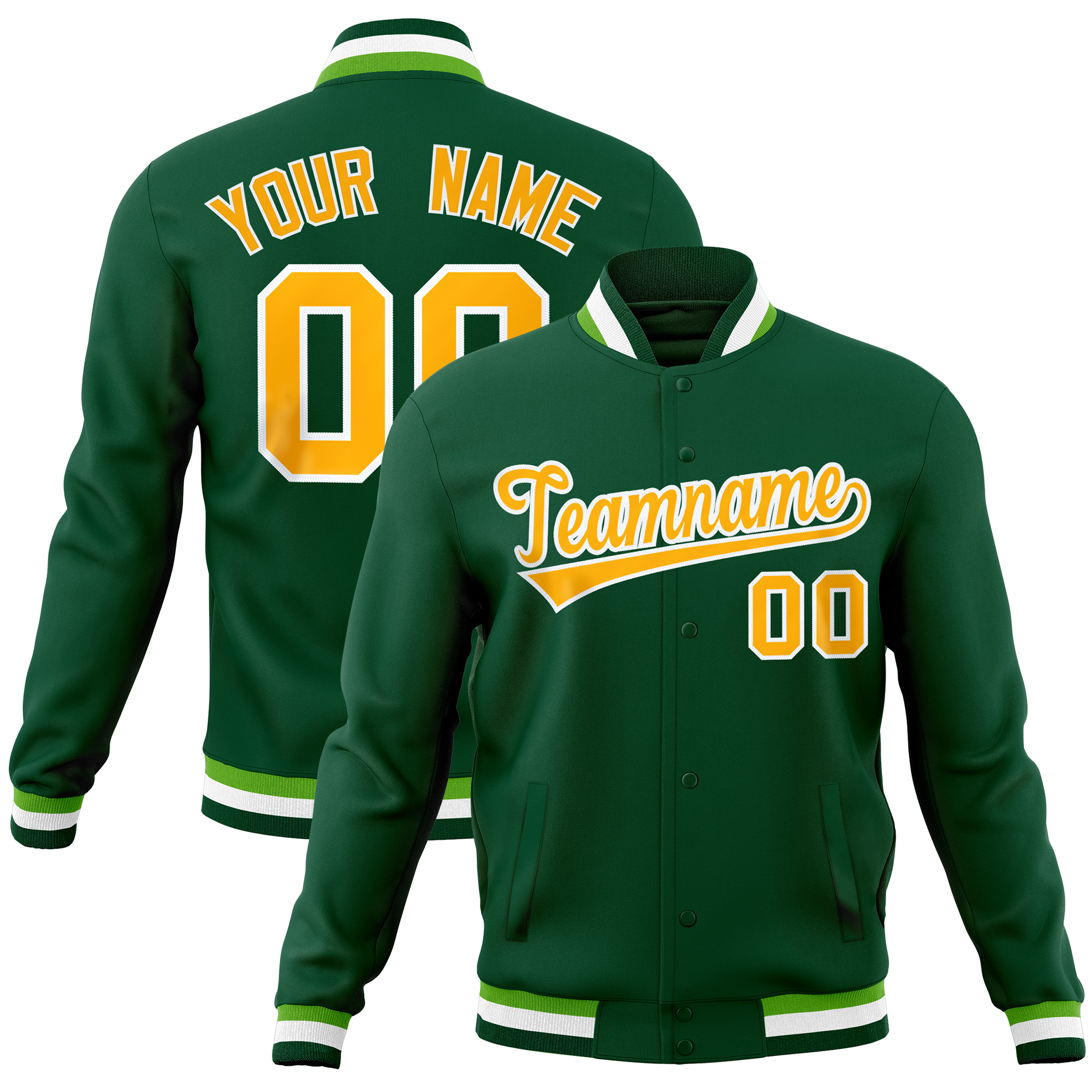 Custom Green Classic Style Varsity Full-Snap Letterman Baseball Jersey