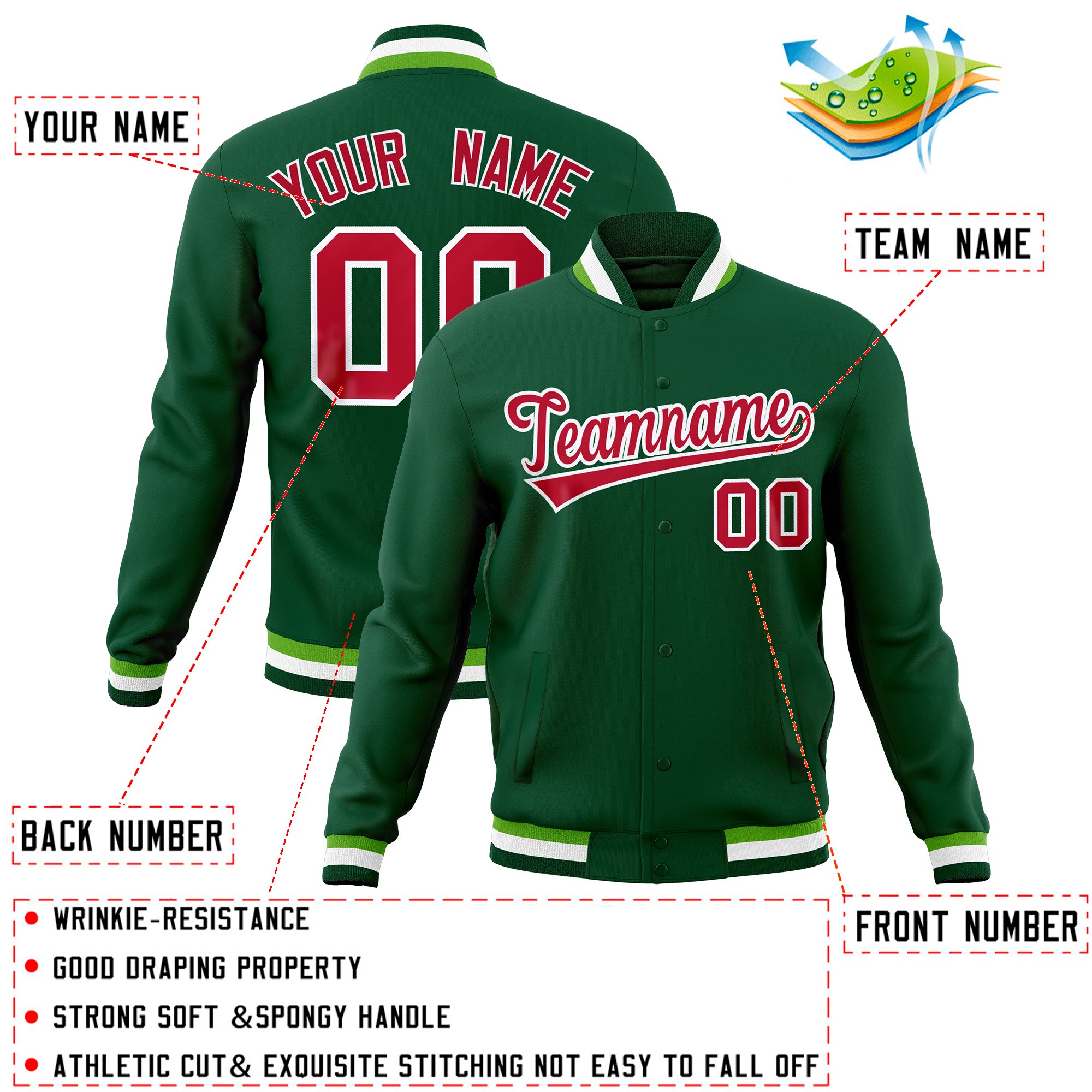 Custom Green Classic Style Varsity Full-Snap Letterman Baseball Jersey