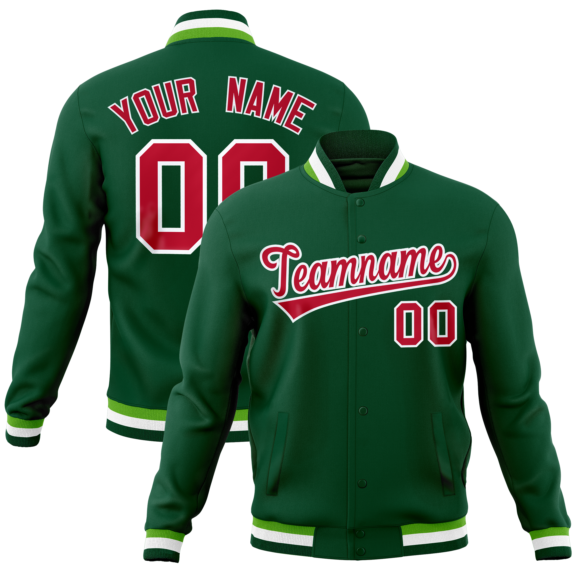 Custom Green Classic Style Varsity Full-Snap Letterman Baseball Jersey