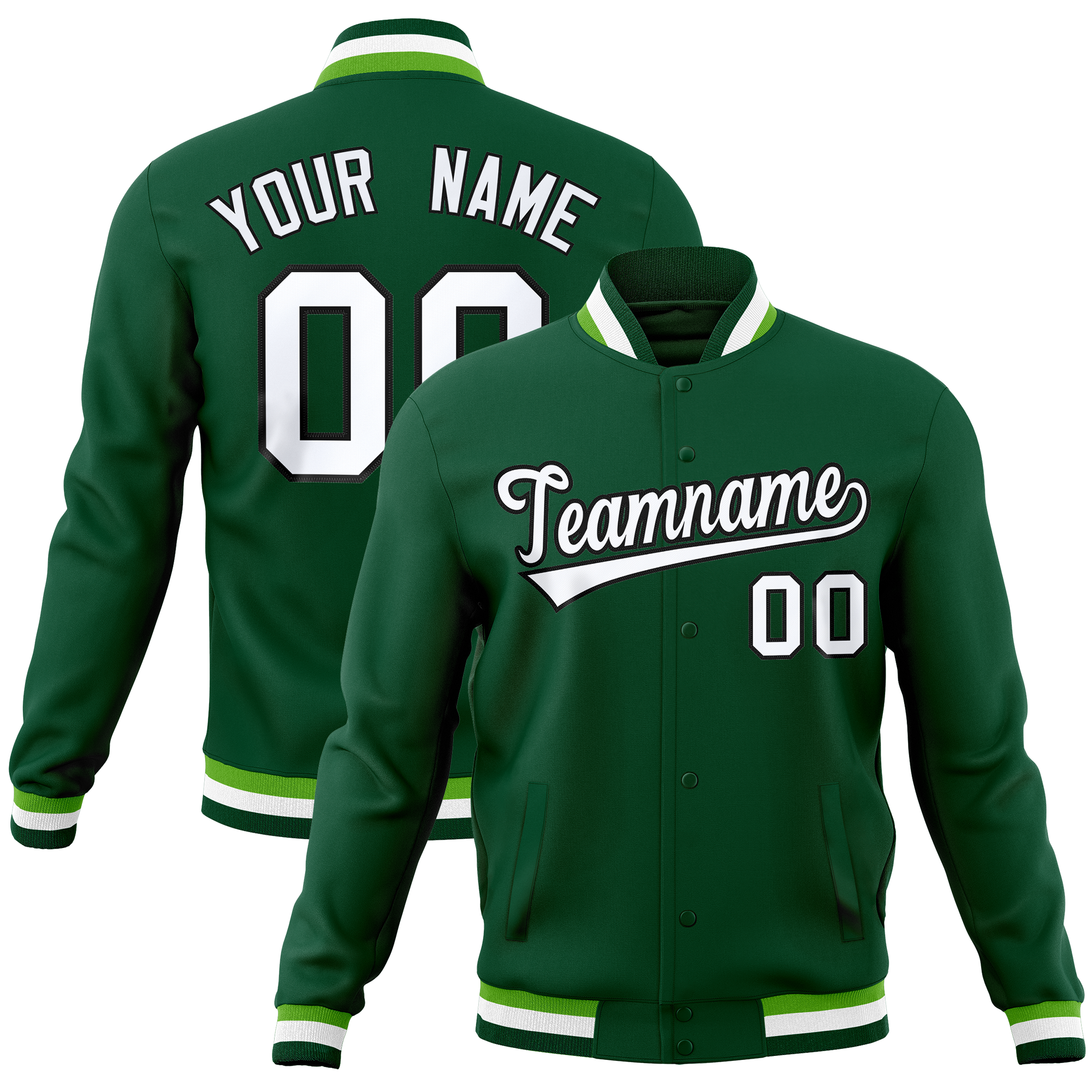 Custom Green Classic Style Varsity Full-Snap Letterman Baseball Jersey