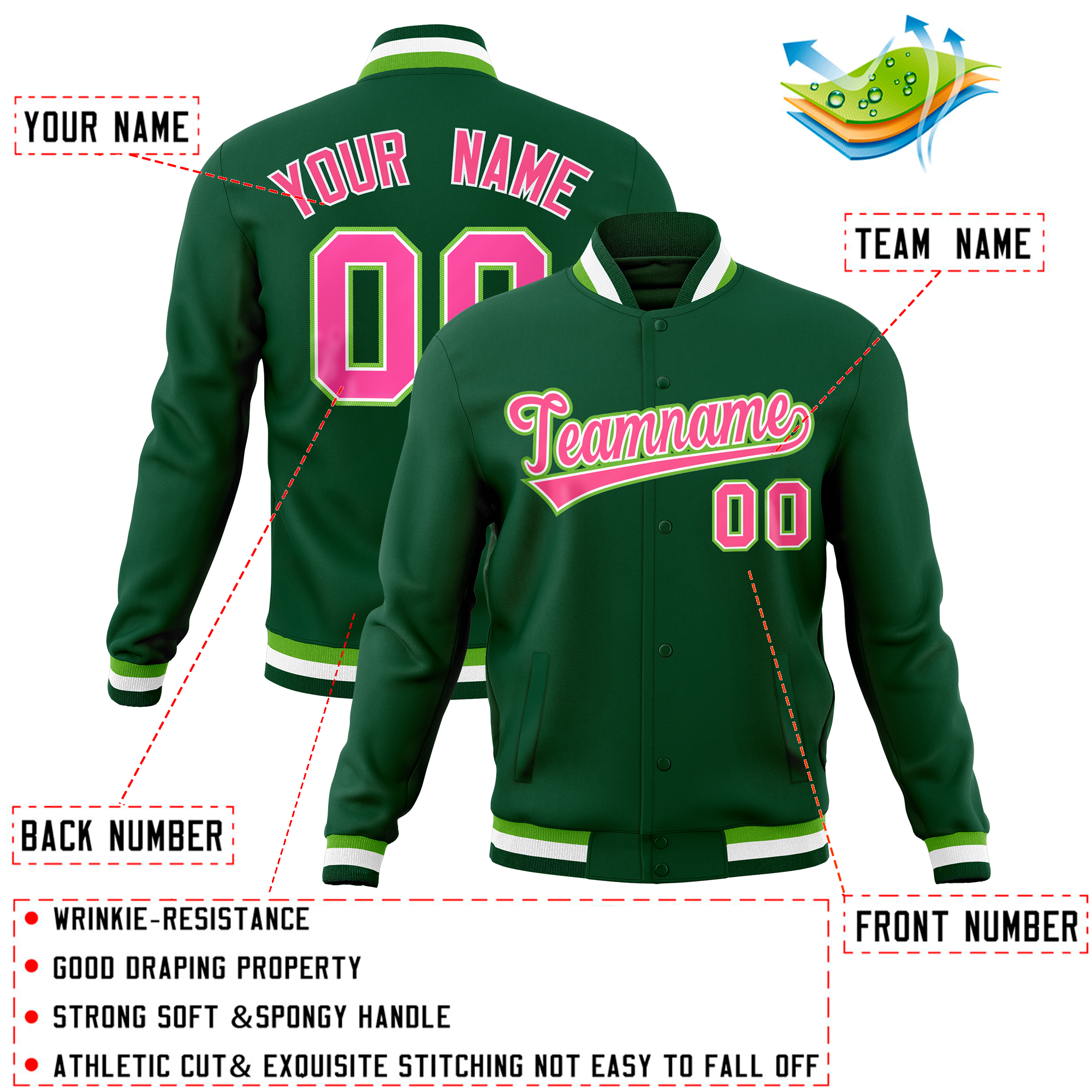 Custom Green Classic Style Varsity Full-Snap Letterman Baseball Jersey