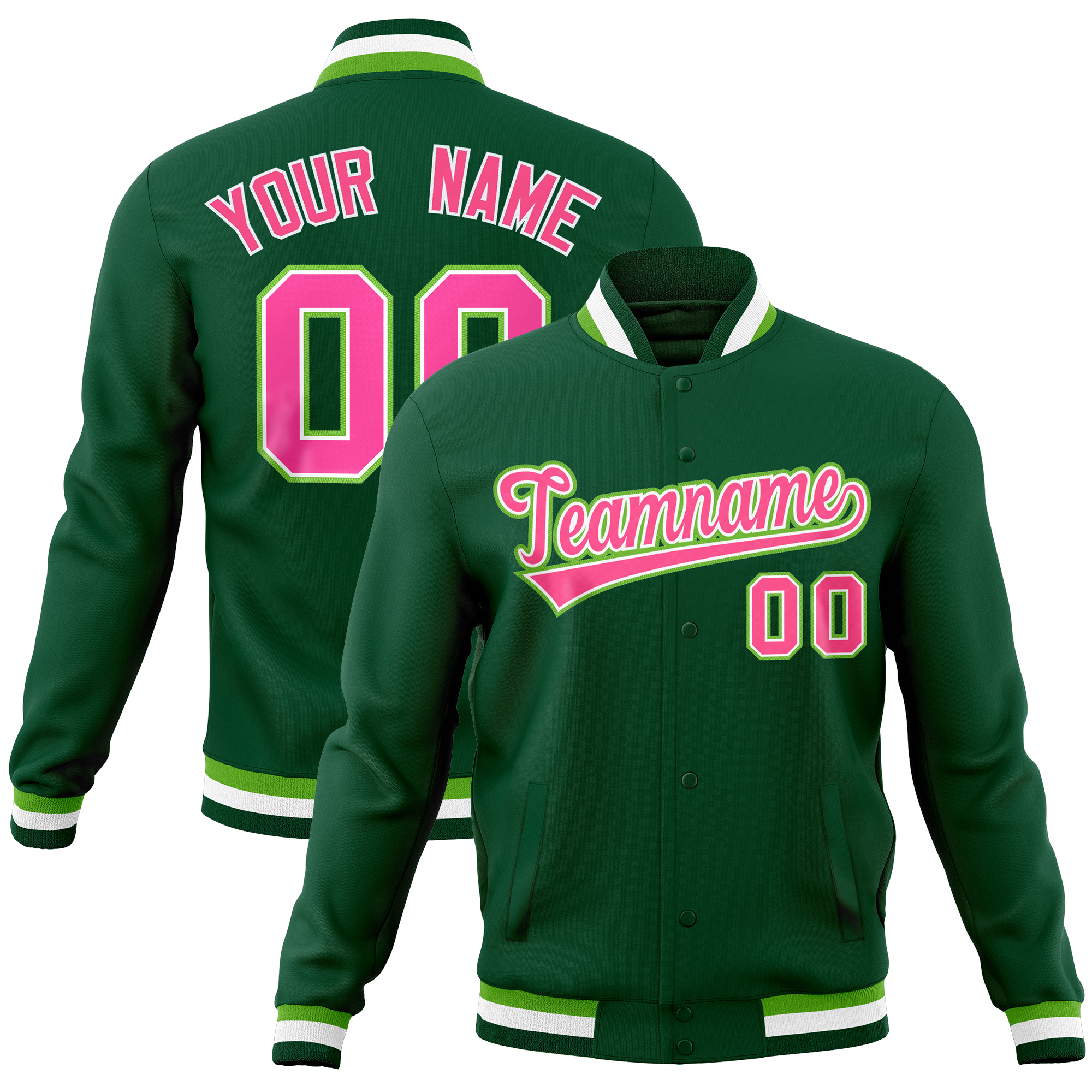 Custom Green Classic Style Varsity Full-Snap Letterman Baseball Jersey