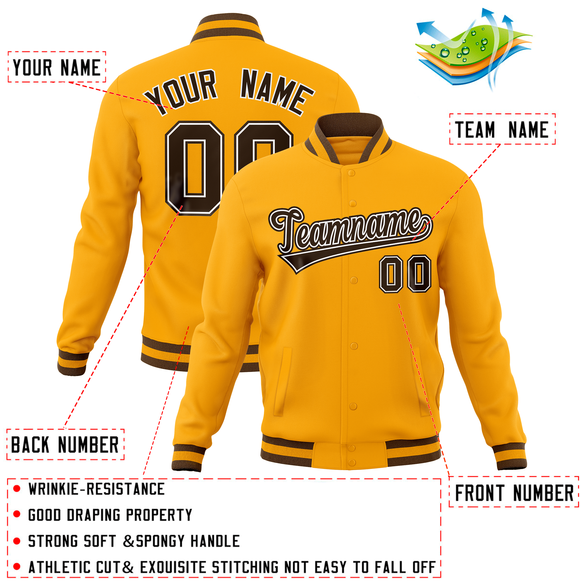 Custom Gold Classic Style Varsity Full-Snap Letterman Baseball Jersey