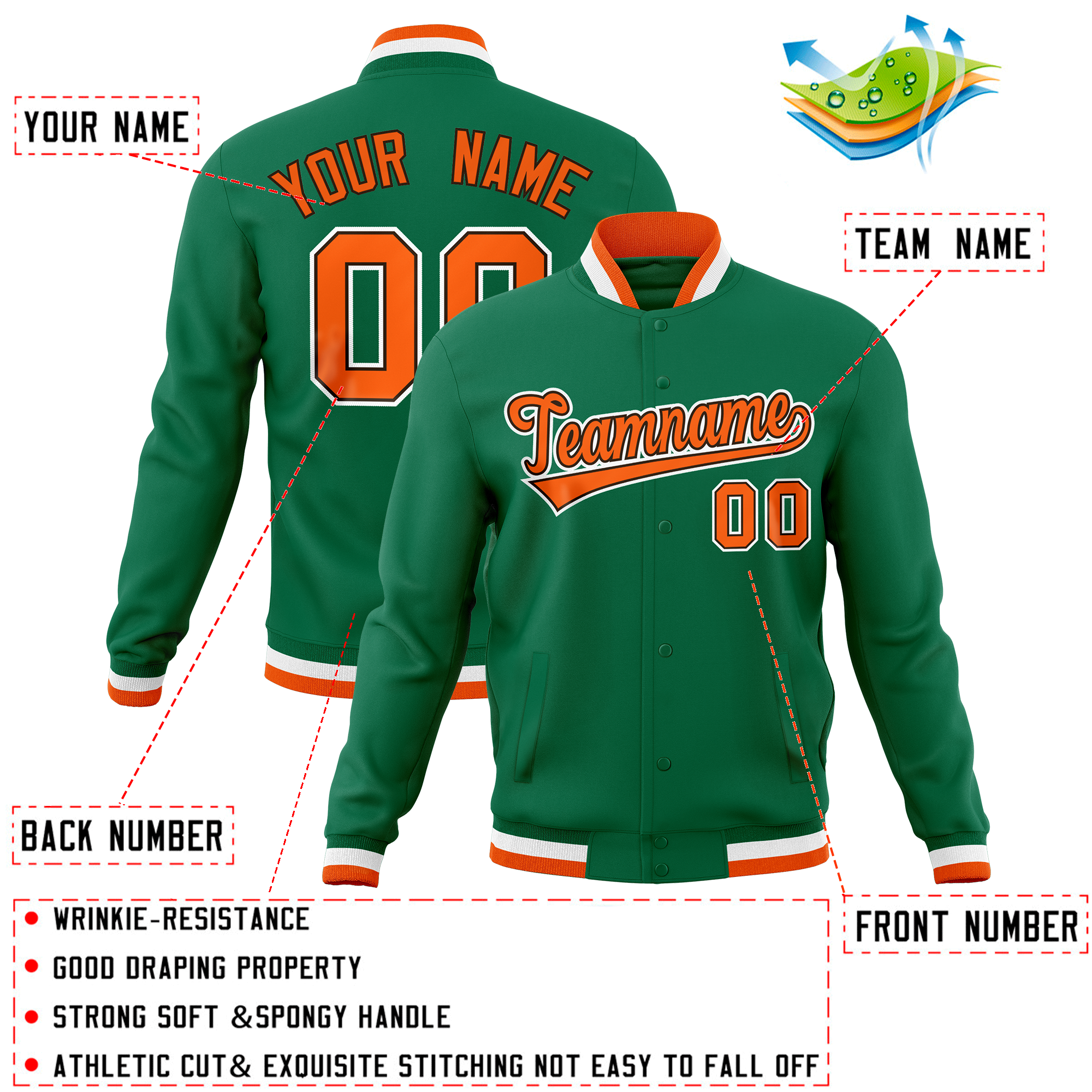 Custom Kelly Green Classic Style Varsity Full-Snap Letterman Baseball Jersey