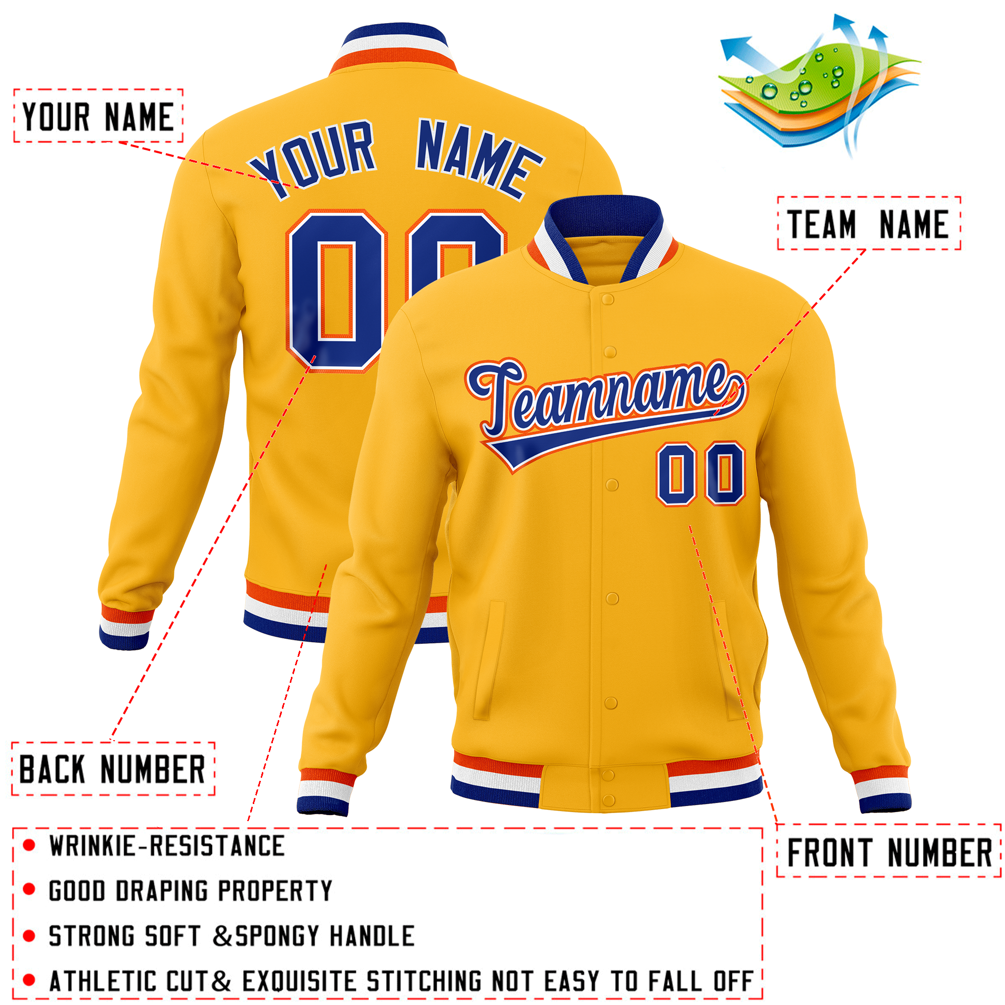 Custom Gold Classic Style Varsity Full-Snap Letterman Baseball Jersey