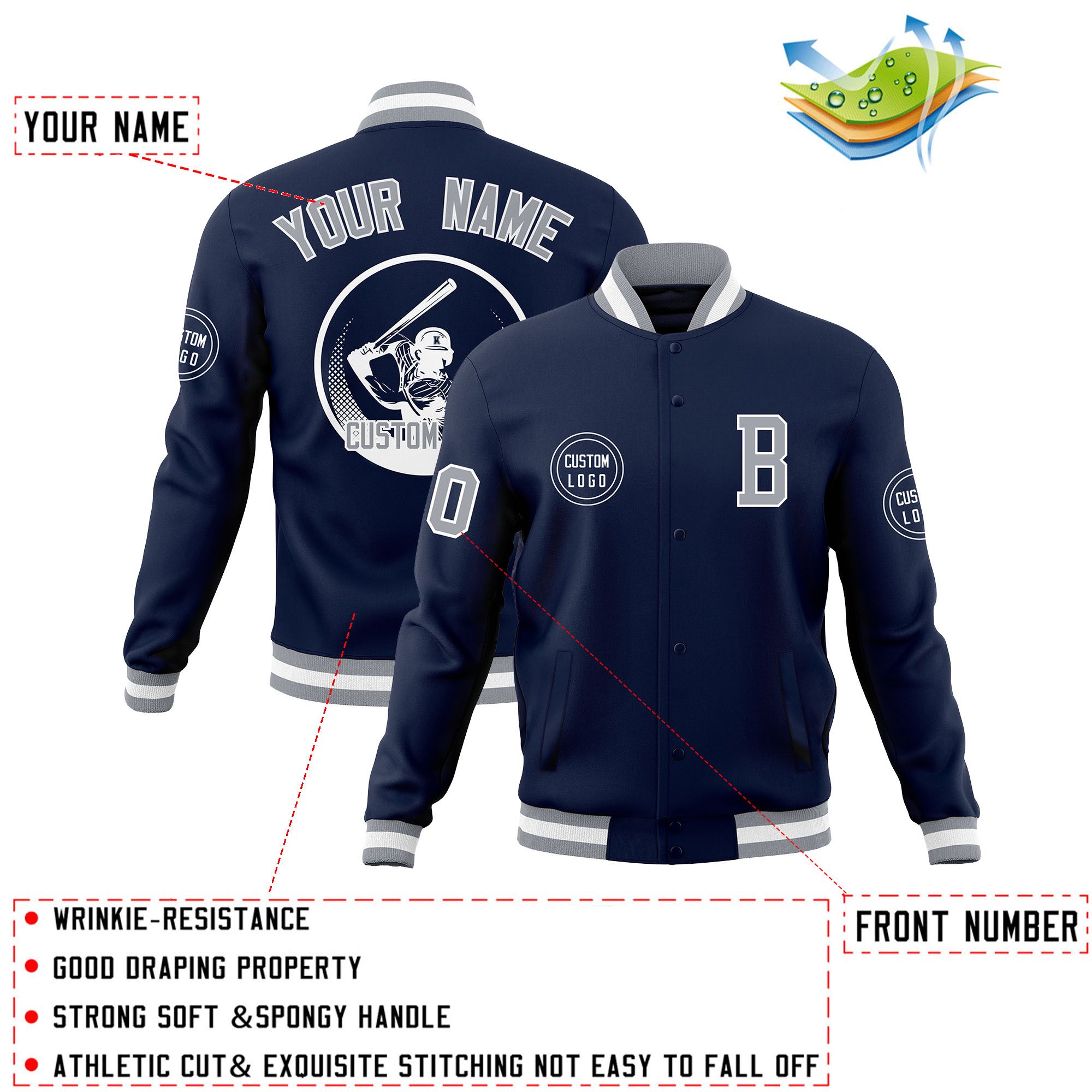 Custom Navy Full-Snap Varsity Personalized Letterman Baseball Coats Jacket