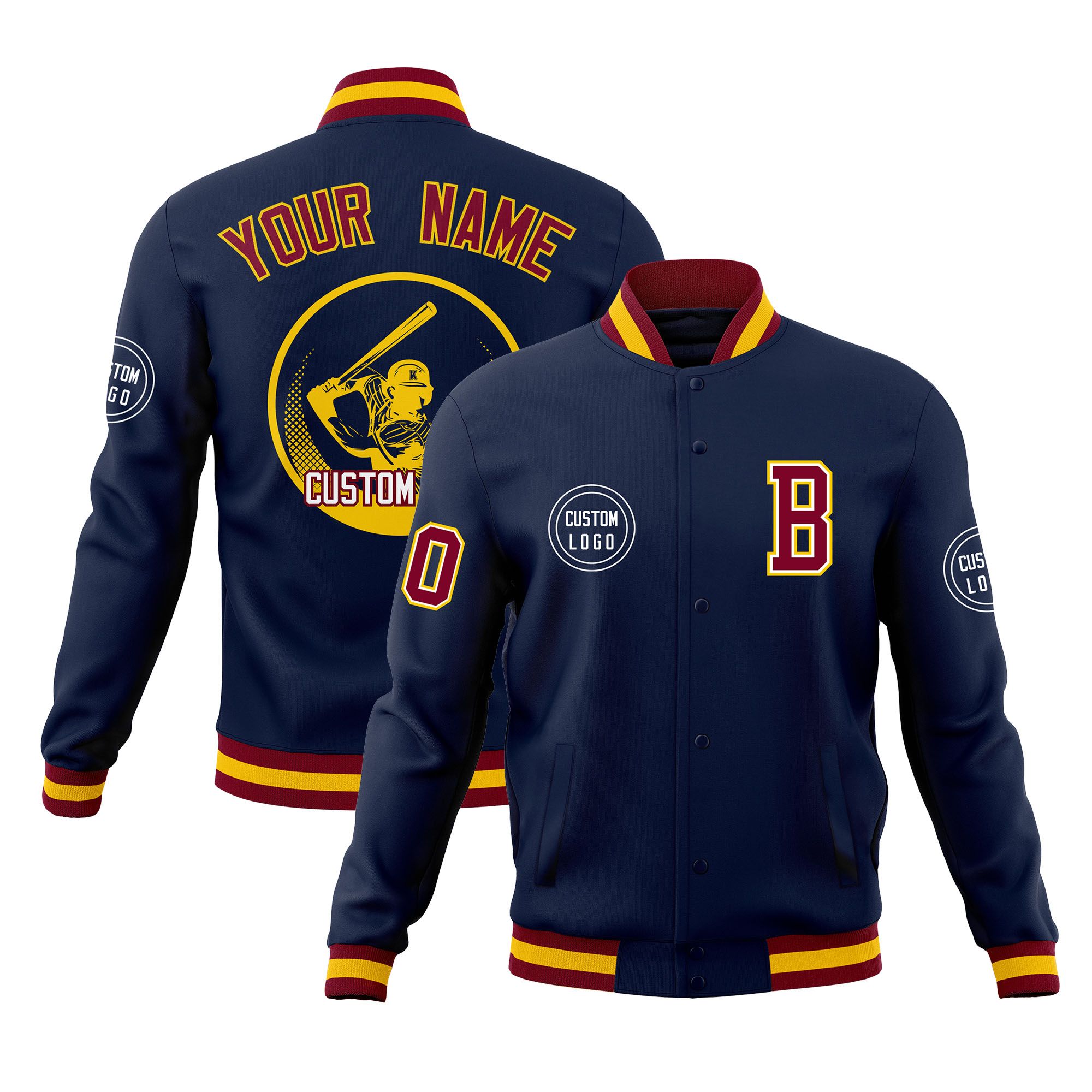 Custom Navy Full-Snap Varsity Personalized Letterman Baseball Coats Jacket