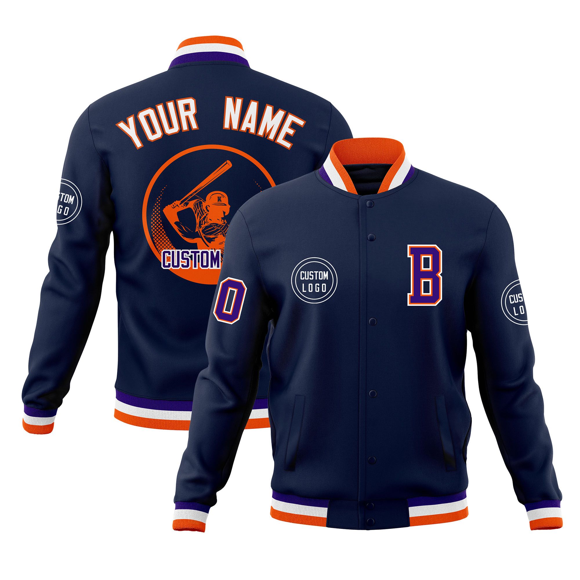 Custom Navy Full-Snap Varsity Personalized Letterman Baseball Coats Jacket