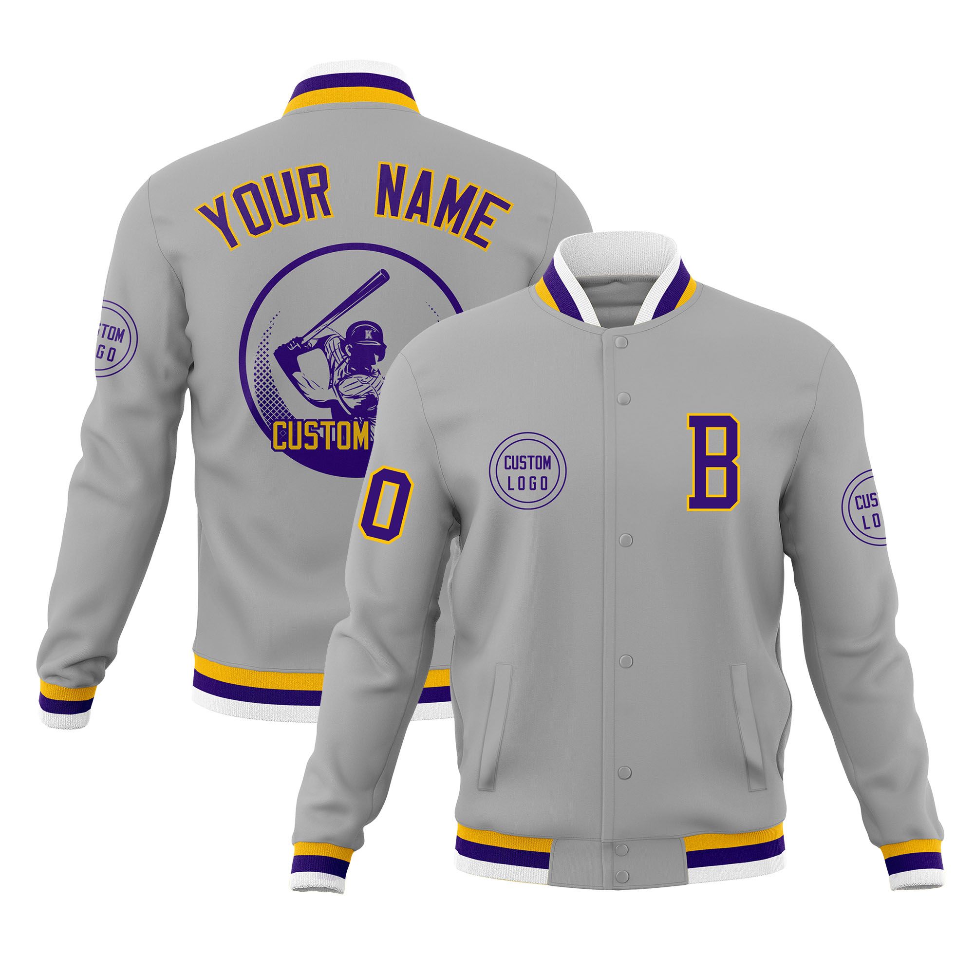 Custom Gray Full-Snap Varsity Personalized Letterman Baseball Coats Jacket