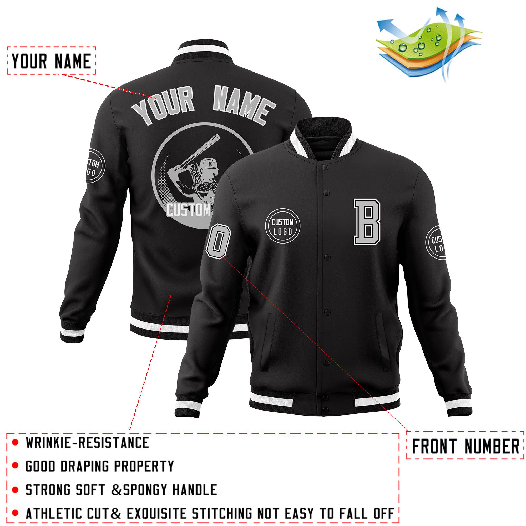 Custom Black Full-Snap Varsity Personalized Letterman Baseball Coats Jacket