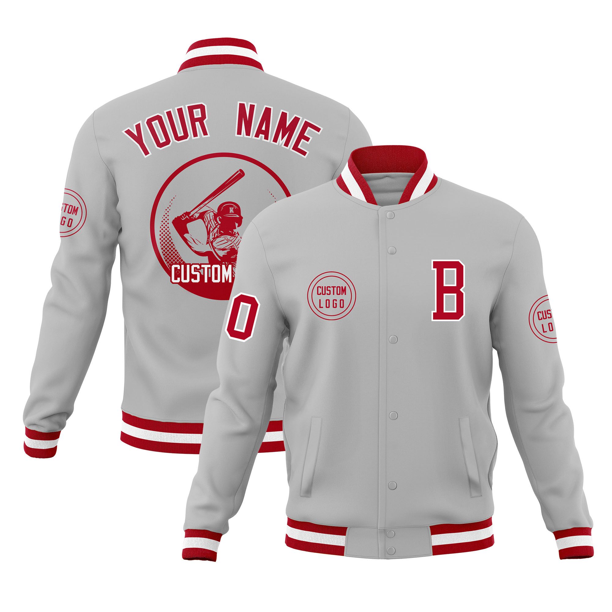 Custom Gray Full-Snap Varsity Personalized Letterman Baseball Coats Jacket