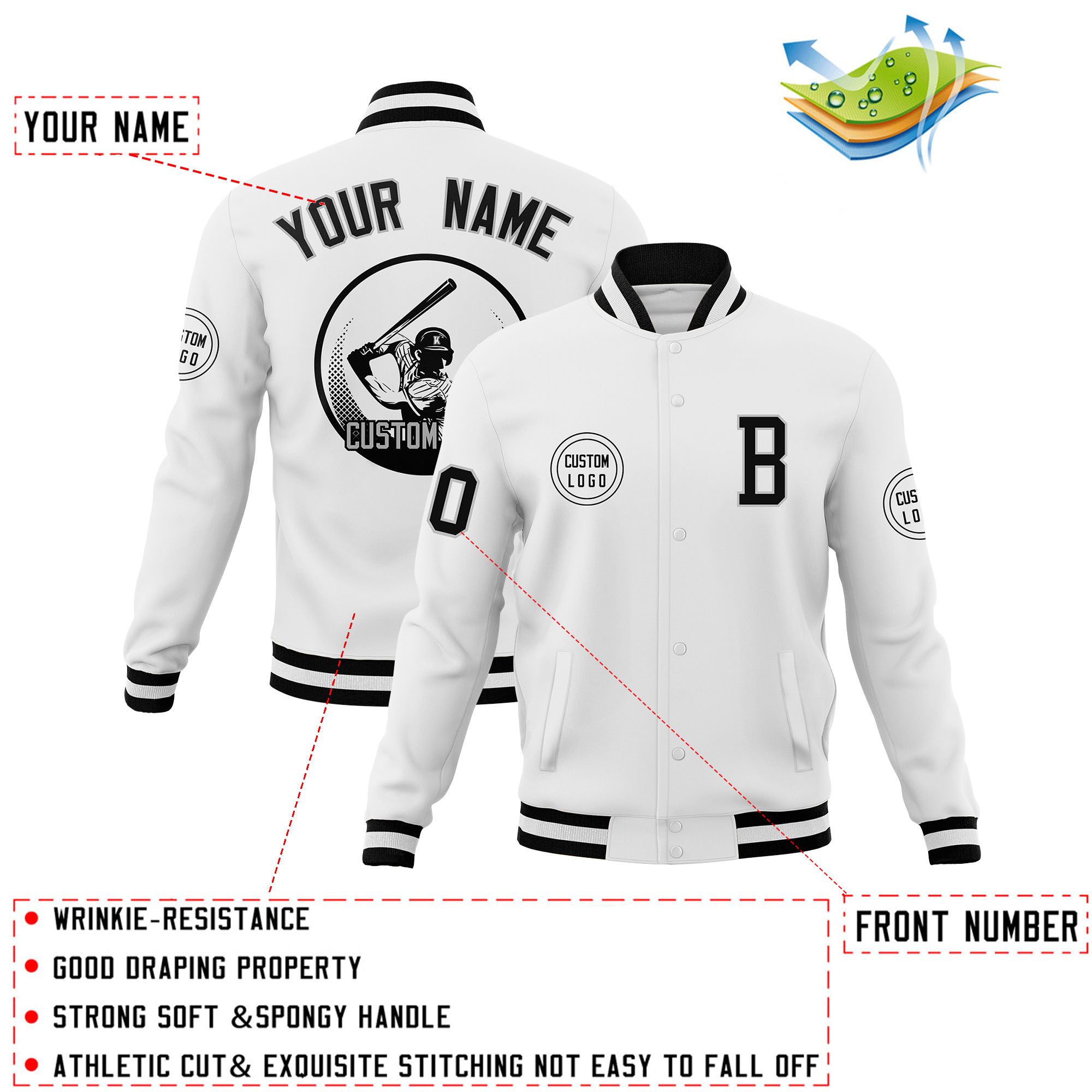 Custom White Full-Snap Varsity Personalized Letterman Baseball Coats Jacket