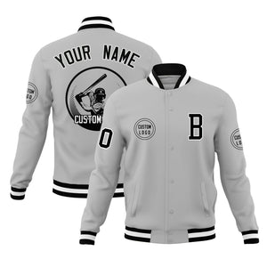 Custom Gray Full-Snap Varsity Personalized Letterman Baseball Coats Jacket