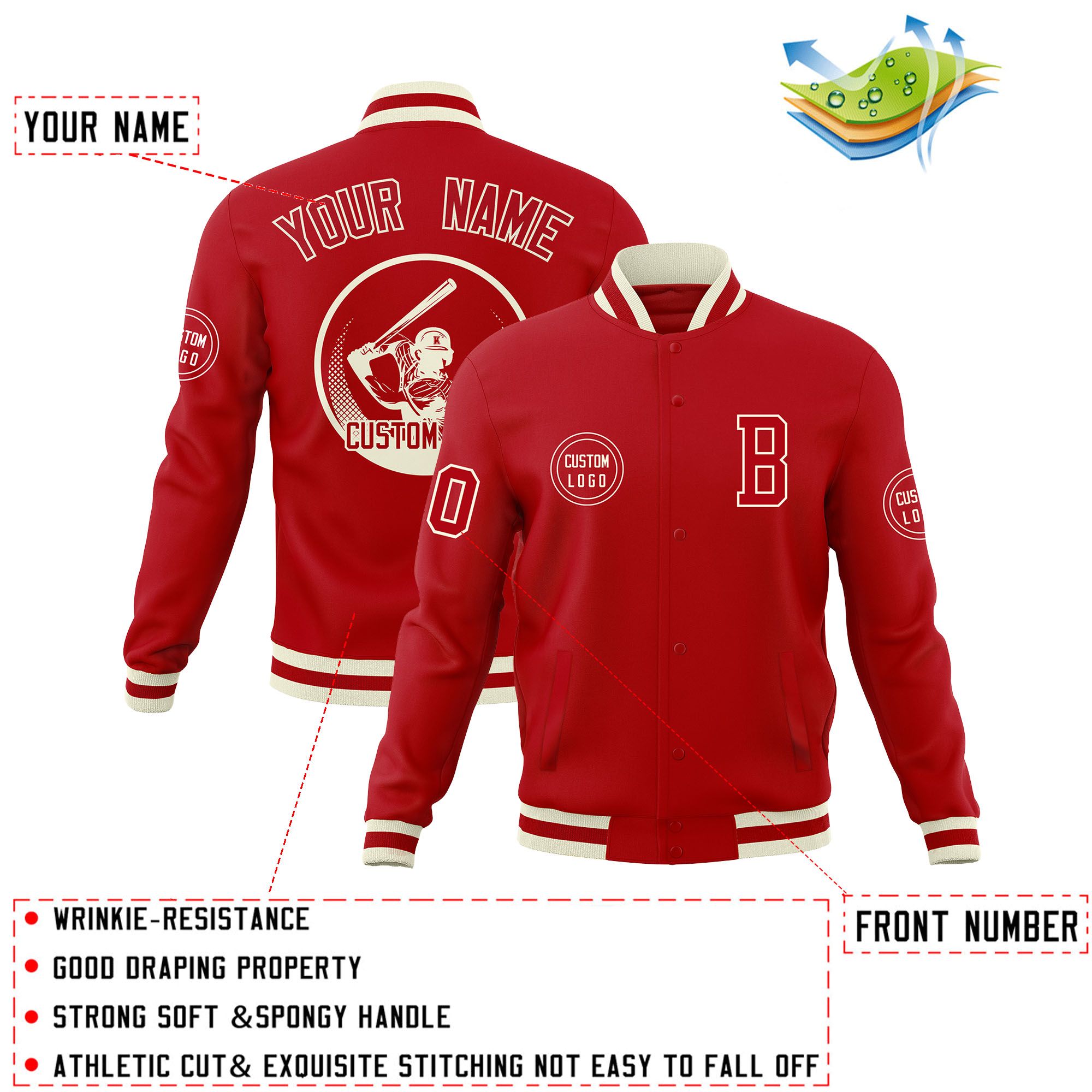 Custom Red Full-Snap Varsity Personalized Letterman Baseball Coats Jacket