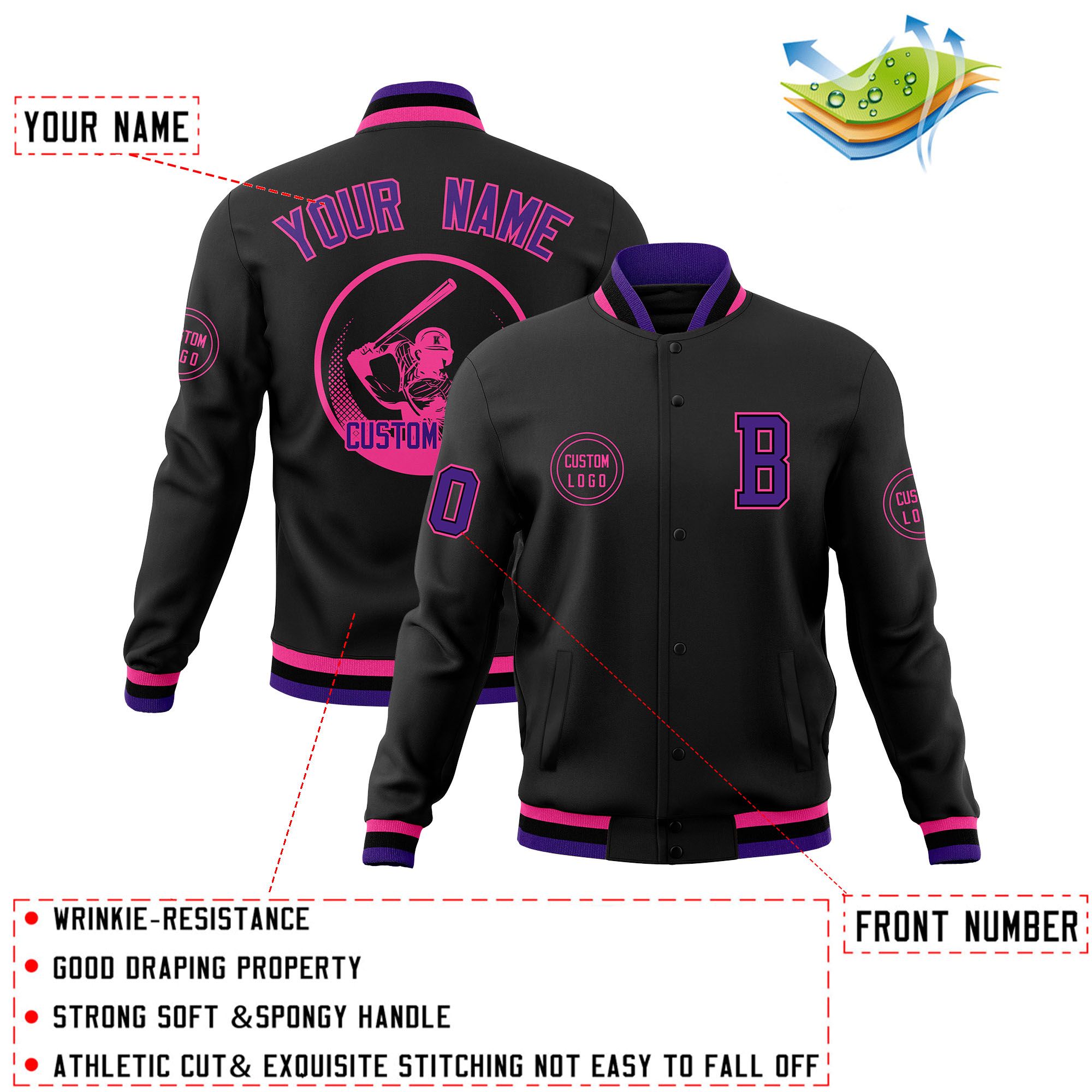 Custom Black Full-Snap Varsity Personalized Letterman Baseball Coats Jacket