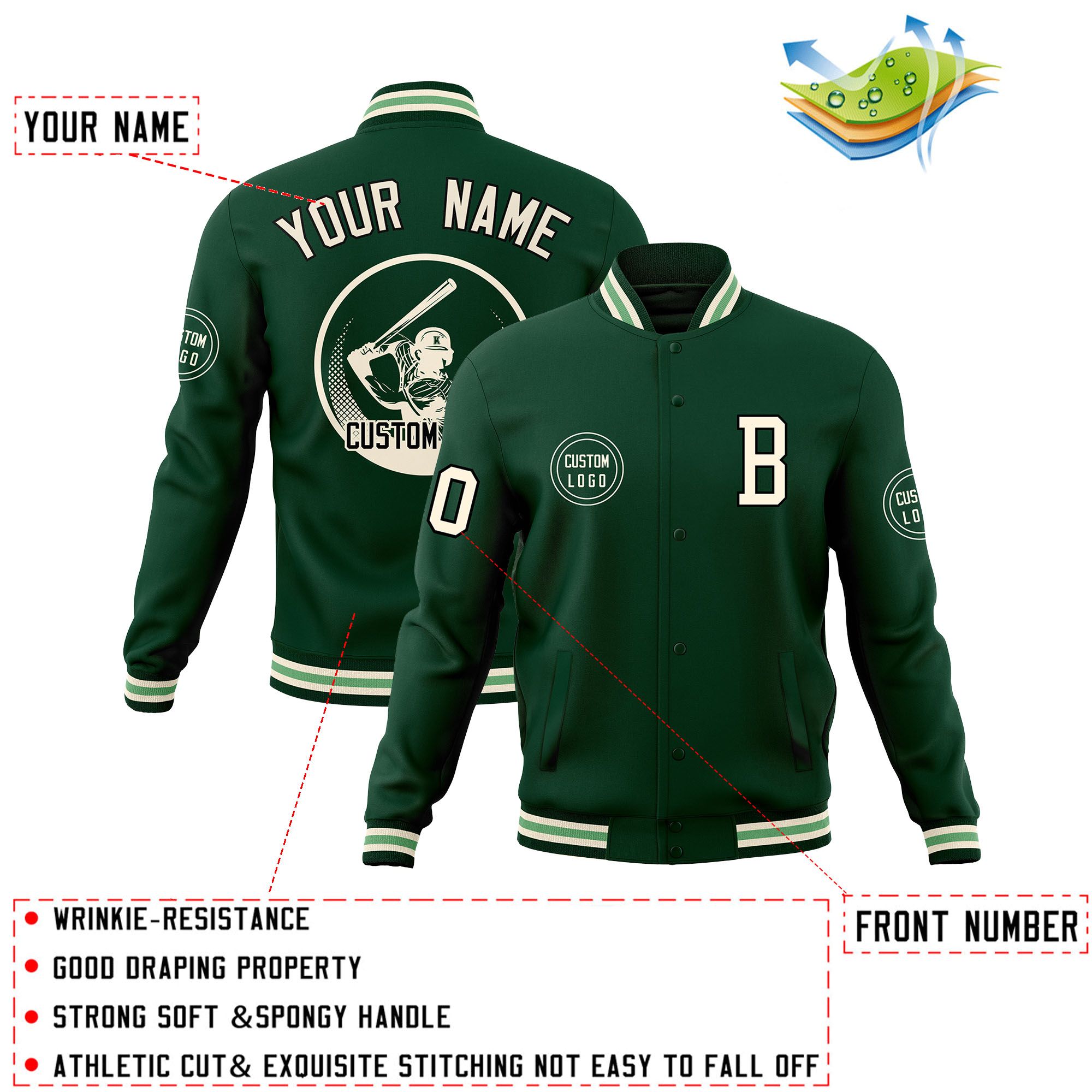 Custom Green Full-Snap Varsity Personalized Letterman Baseball Coats Jacket