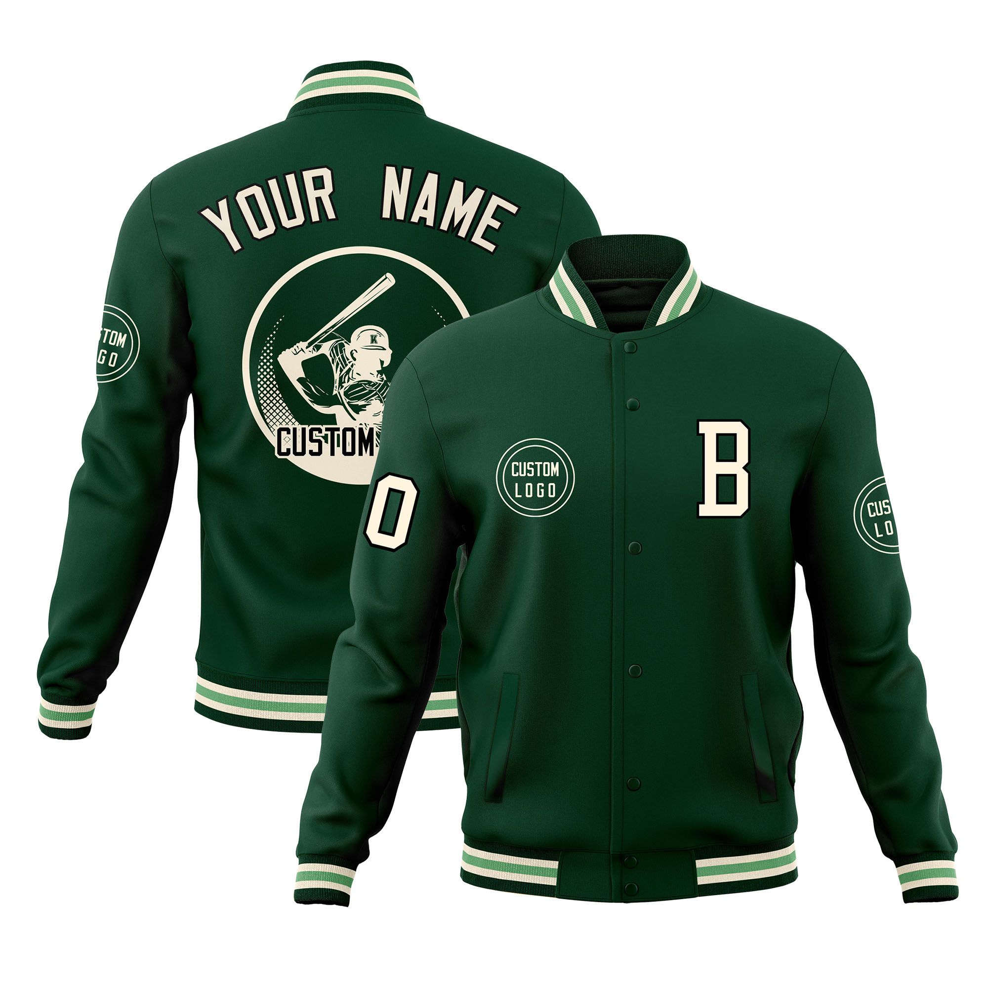 Custom Green Full-Snap Varsity Personalized Letterman Baseball Coats Jacket