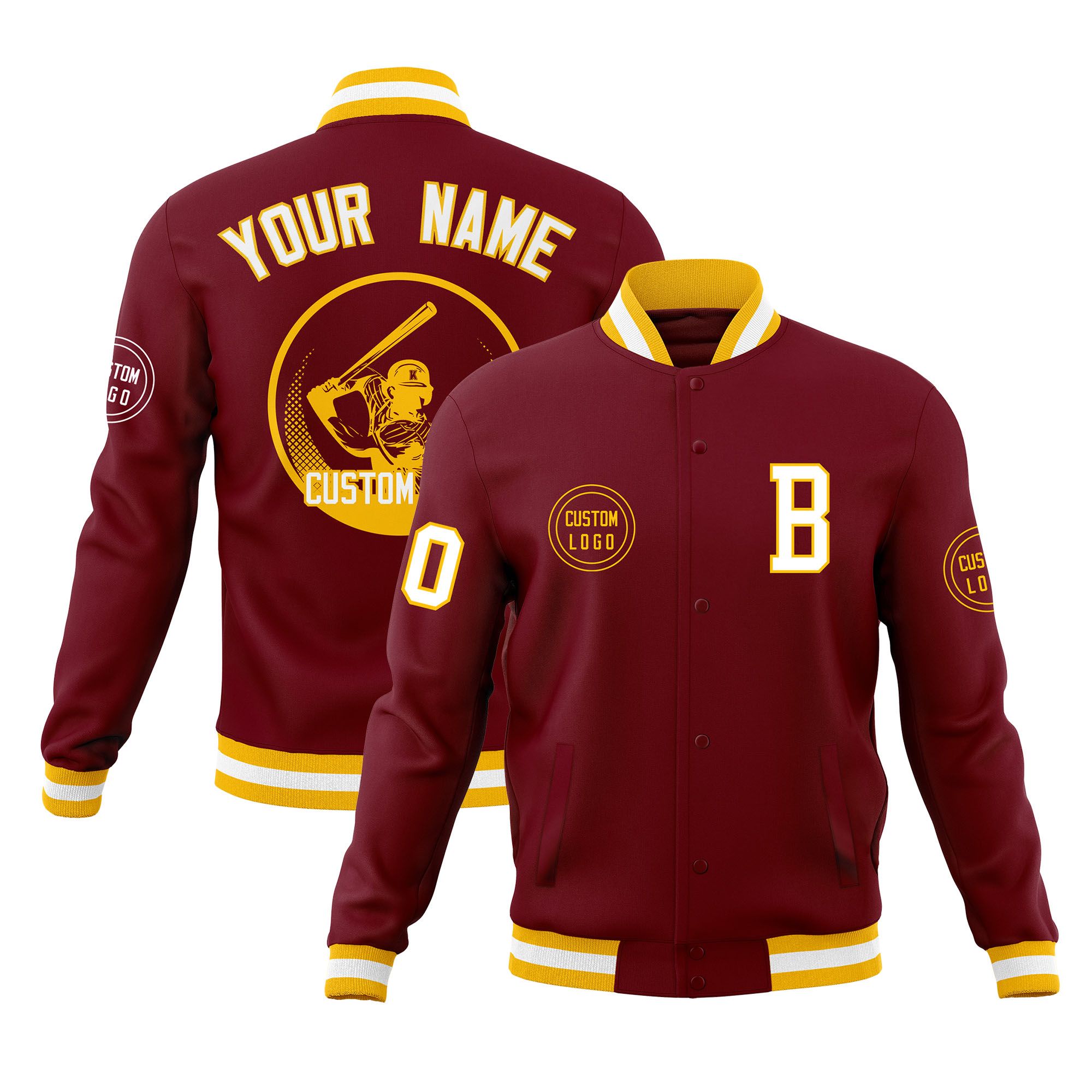 Custom Crimson Full-Snap Varsity Personalized Letterman Baseball Coats Jacket