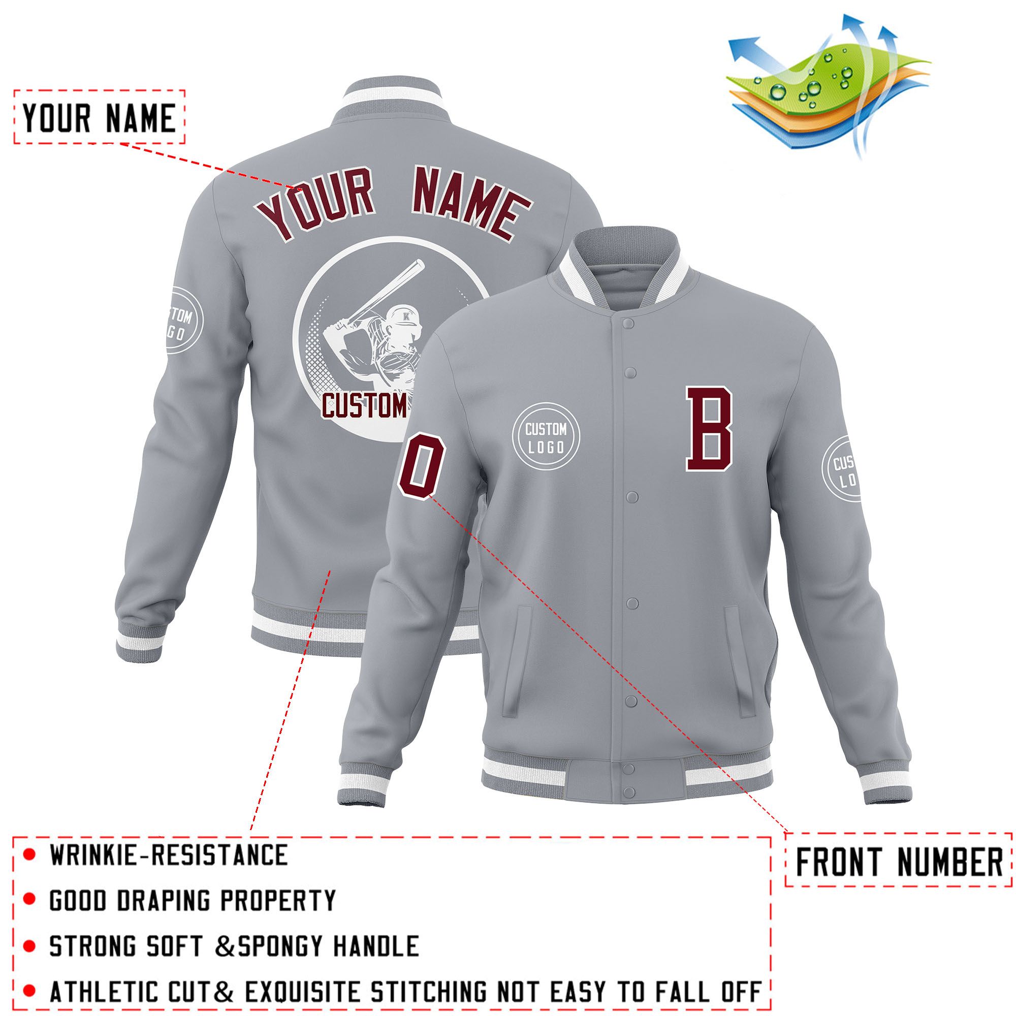 Custom Gray Full-Snap Varsity Personalized Letterman Baseball Coats Jacket