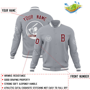 Custom Gray Full-Snap Varsity Personalized Letterman Baseball Coats Jacket