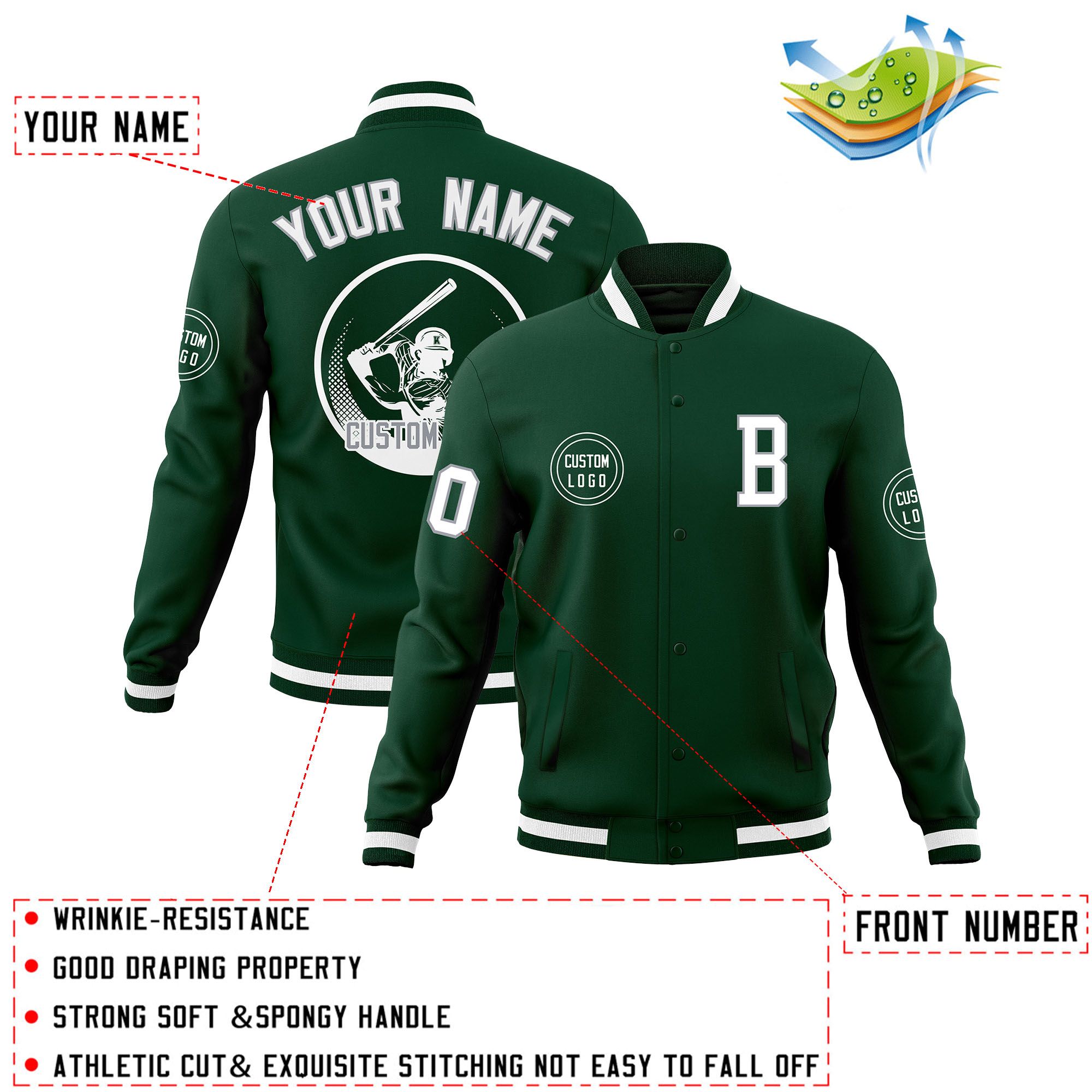 Custom Green Full-Snap Varsity Personalized Letterman Baseball Coats Jacket