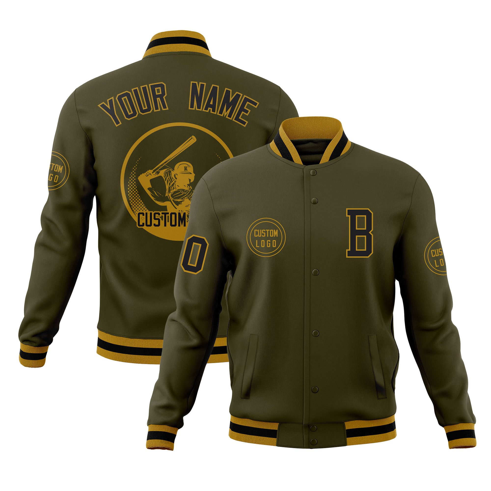 Custom Olive Full-Snap Varsity Personalized Letterman Baseball Coats Jacket