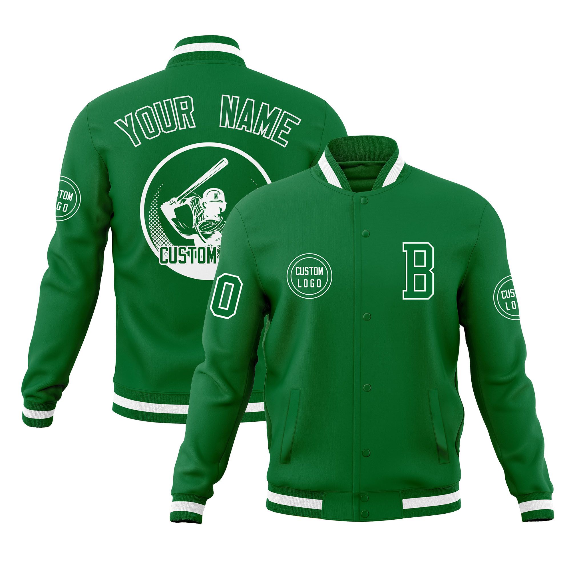 Custom Kelly Green Full-Snap Varsity Personalized Letterman Baseball Coats Jacket