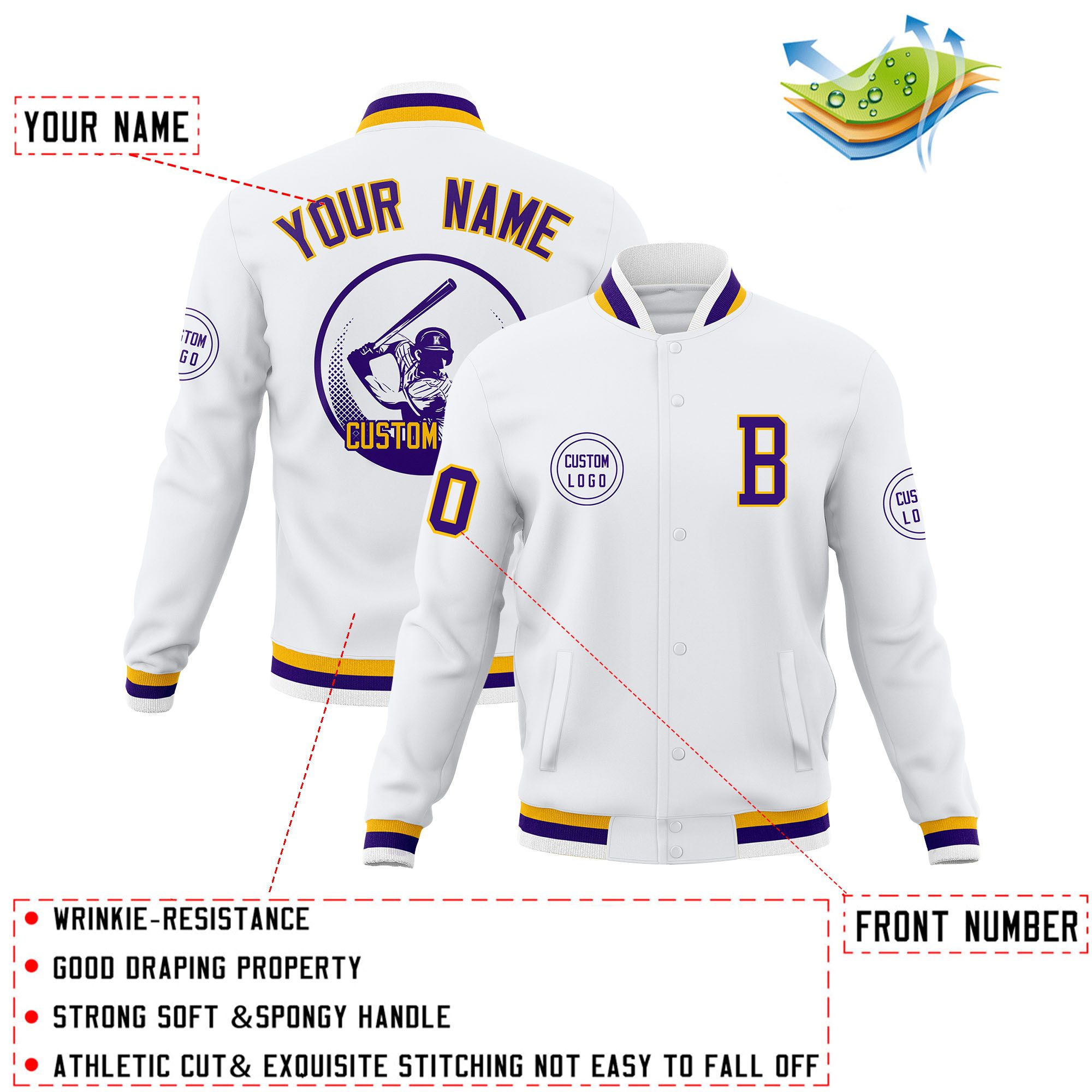 Custom White Full-Snap Varsity Personalized Letterman Baseball Coats Jacket