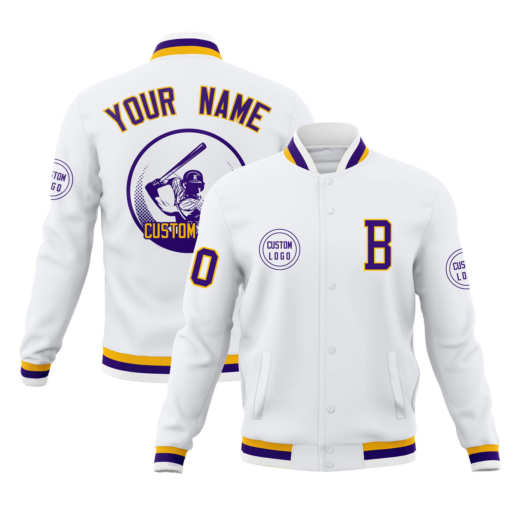 Custom White Full-Snap Varsity Personalized Letterman Baseball Coats Jacket