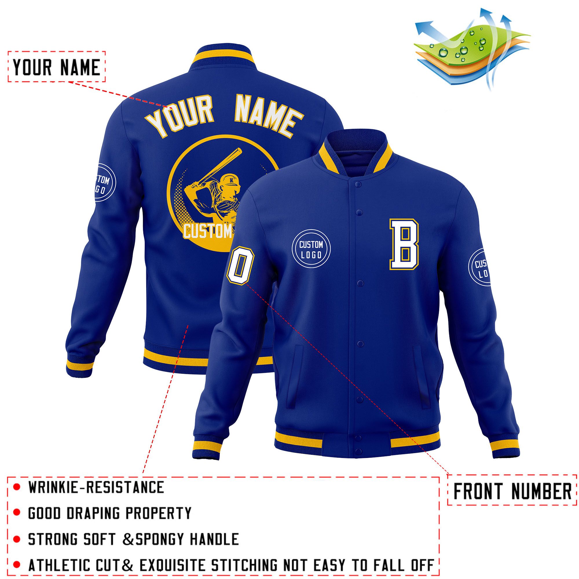 Custom Royal Full-Snap Varsity Personalized Letterman Baseball Coats Jacket