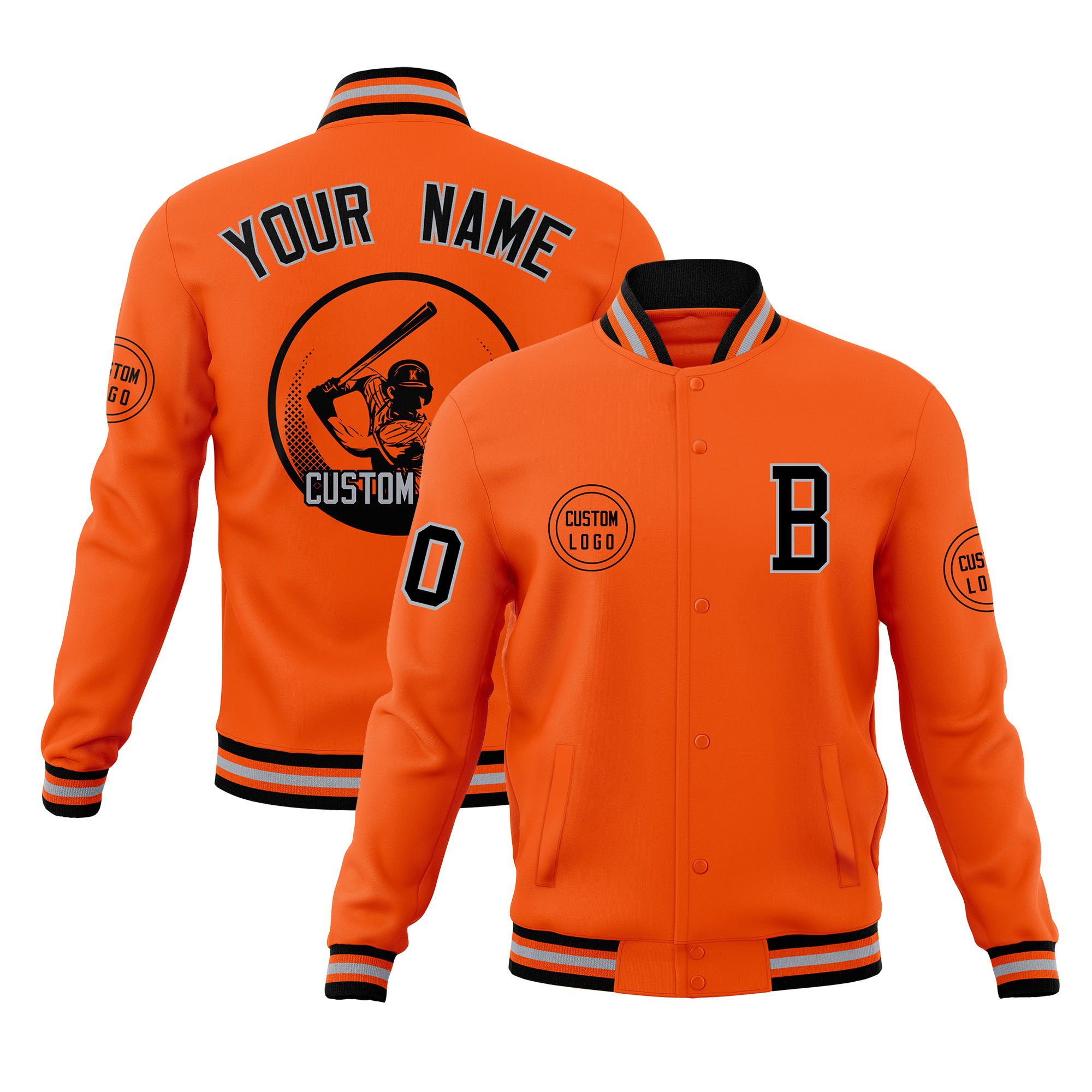 Custom Orange Full-Snap Varsity Personalized Letterman Baseball Coats Jacket