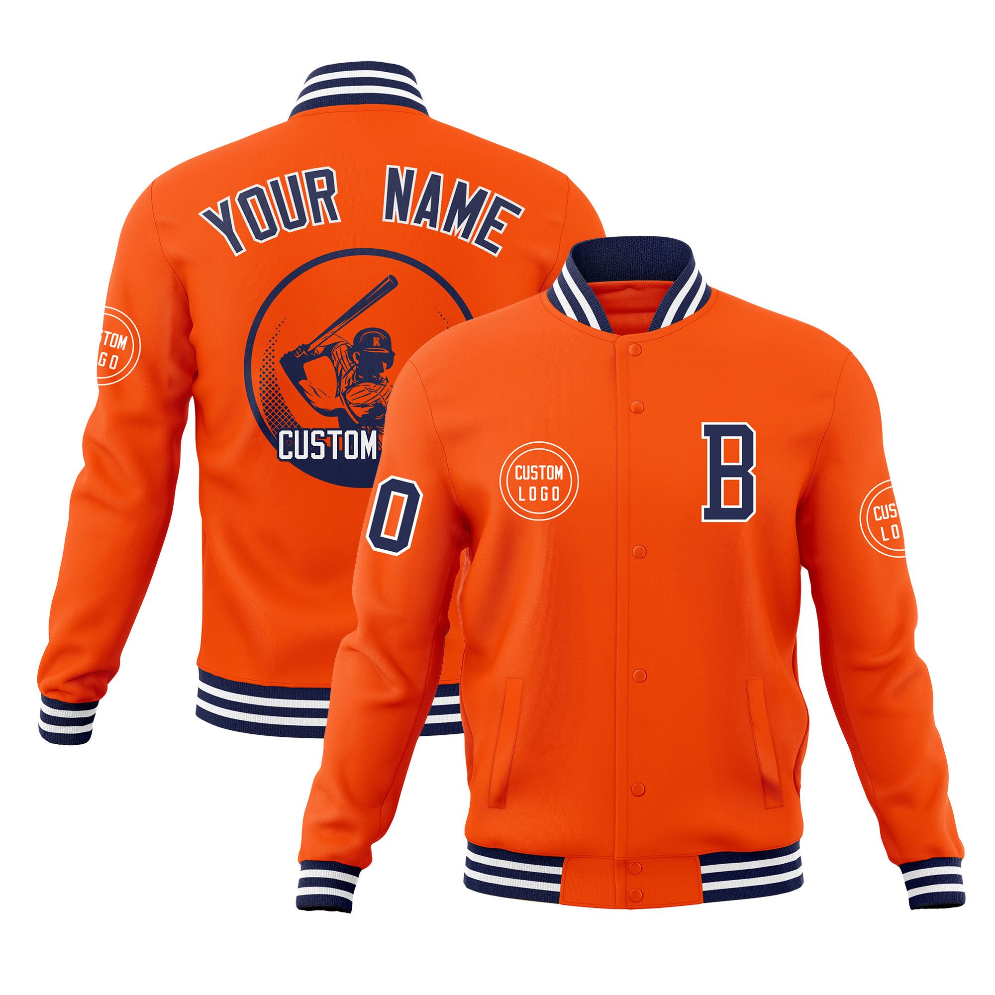 Custom Orange Full-Snap Varsity Personalized Letterman Baseball Coats Jacket