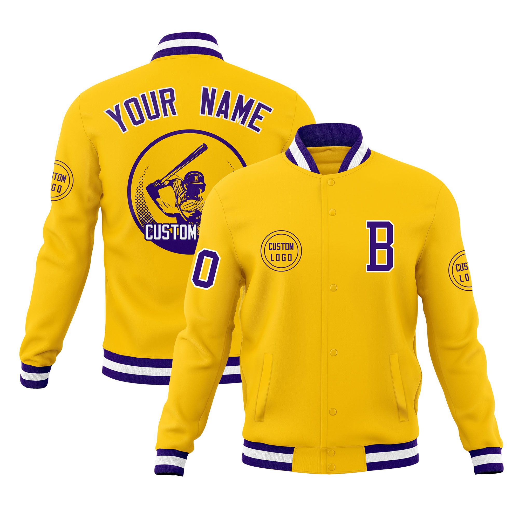 Custom Gold Full-Snap Varsity Personalized Letterman Baseball Coats Jacket