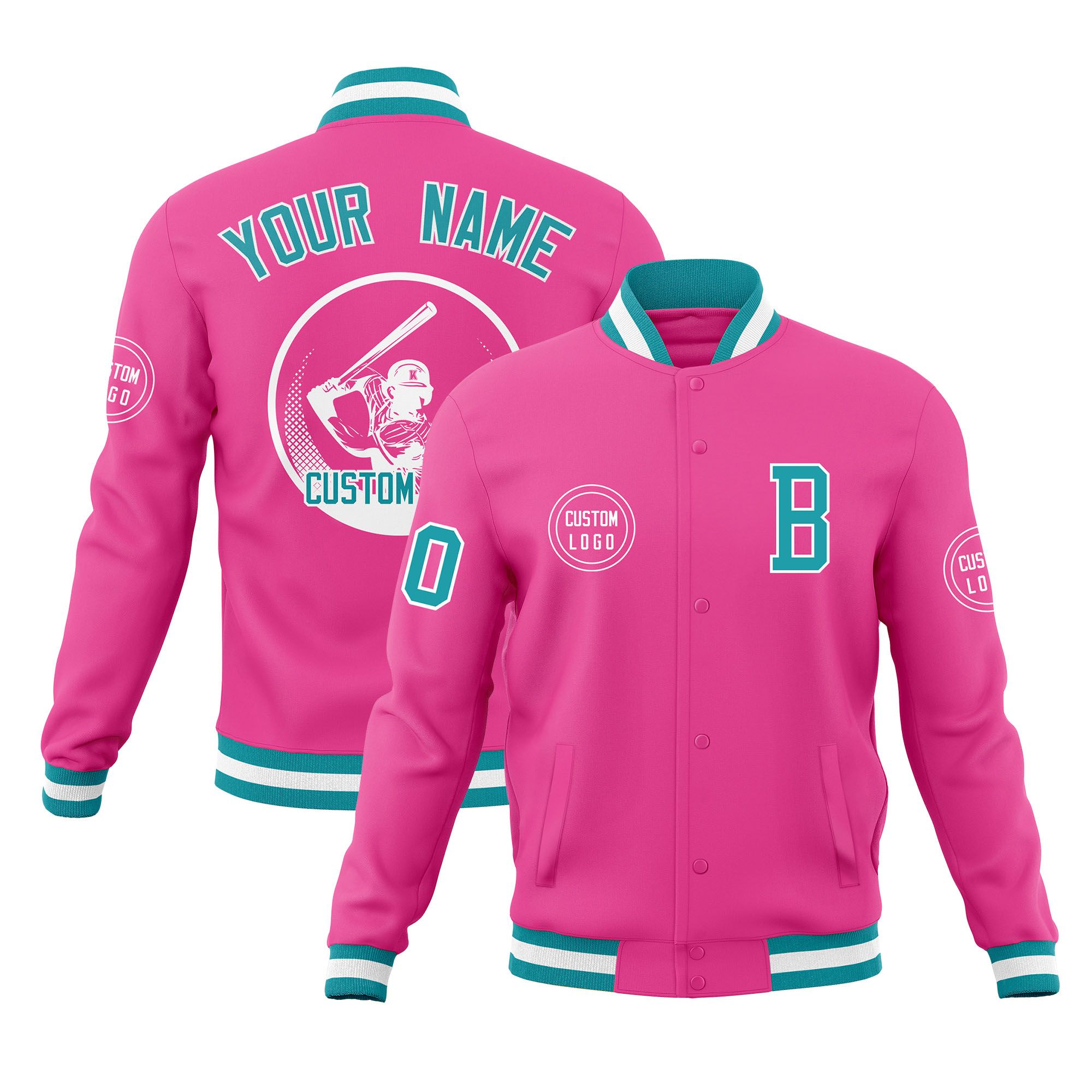 Custom Pink Full-Snap Varsity Personalized Letterman Baseball Coats Jacket