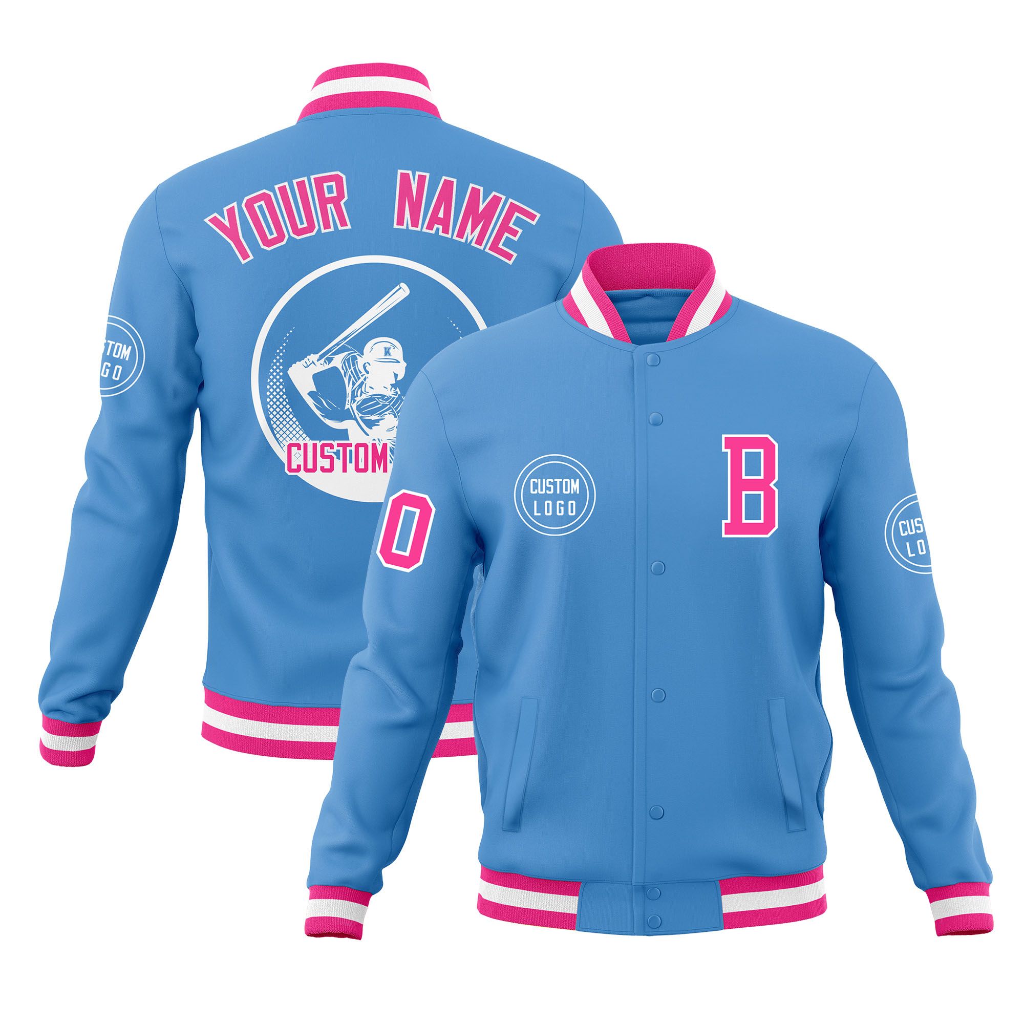 Custom Powder Blue Full-Snap Varsity Personalized Letterman Baseball Coats Jacket