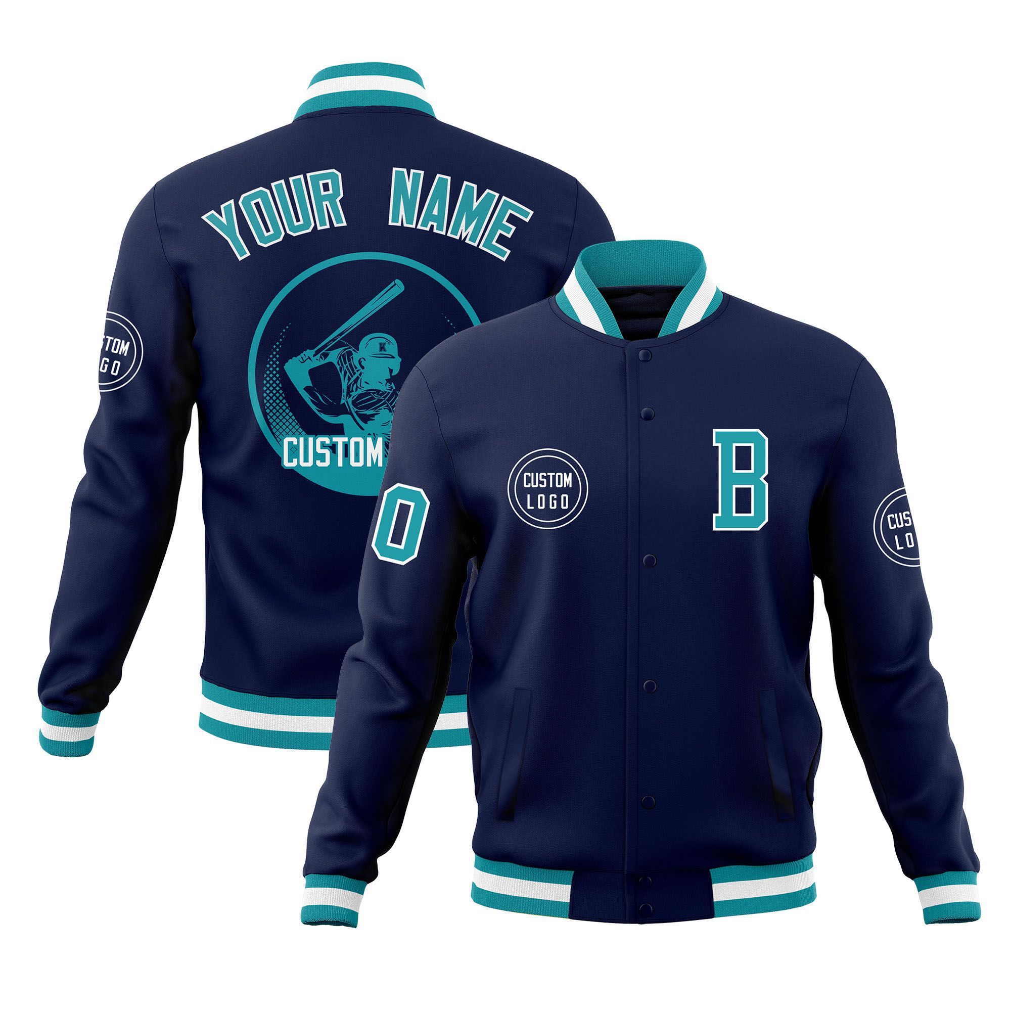 Custom Navy Full-Snap Varsity Personalized Letterman Baseball Coats Jacket