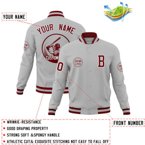 Custom Gray Full-Snap Varsity Personalized Letterman Baseball Coats Jacket