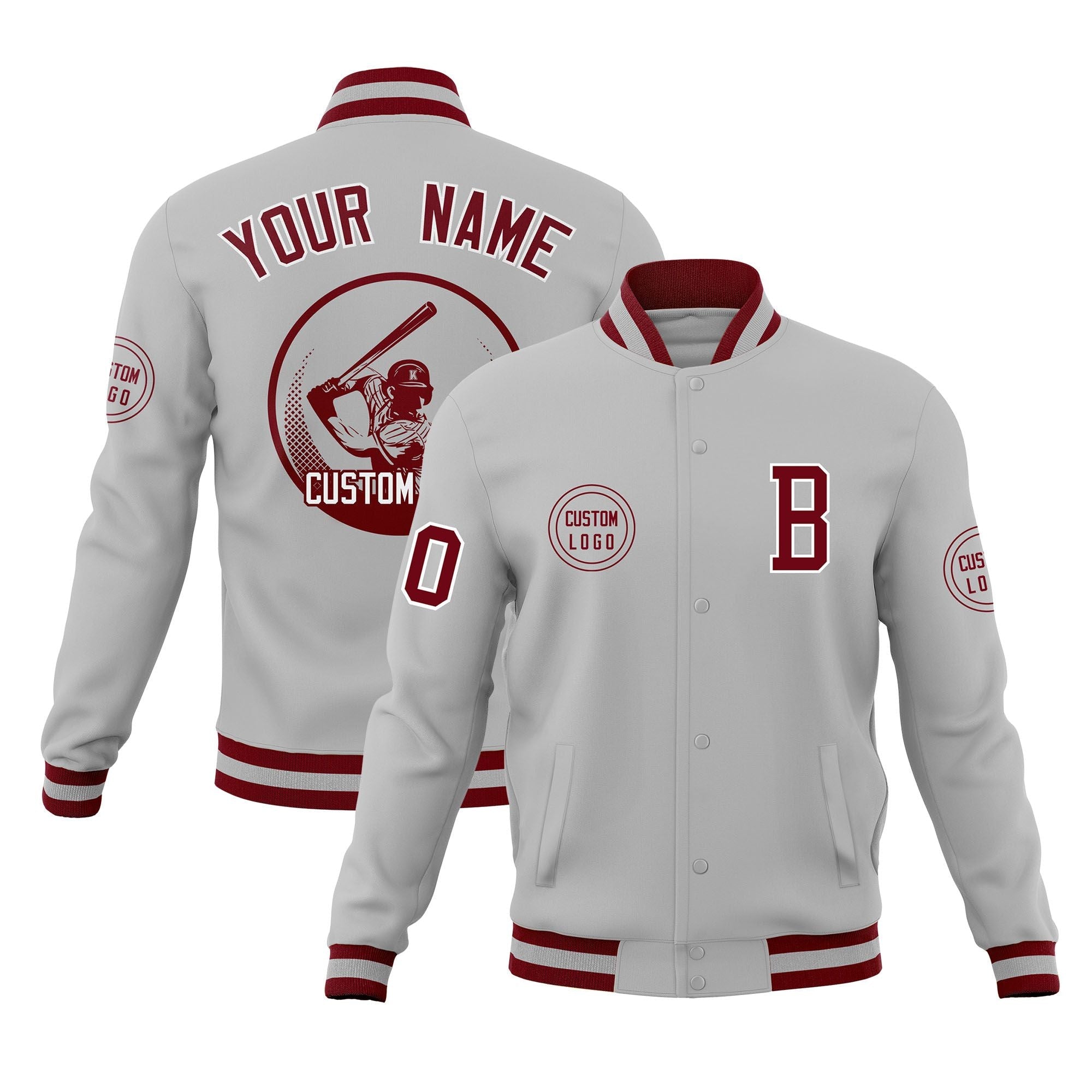 Custom Gray Full-Snap Varsity Personalized Letterman Baseball Coats Jacket