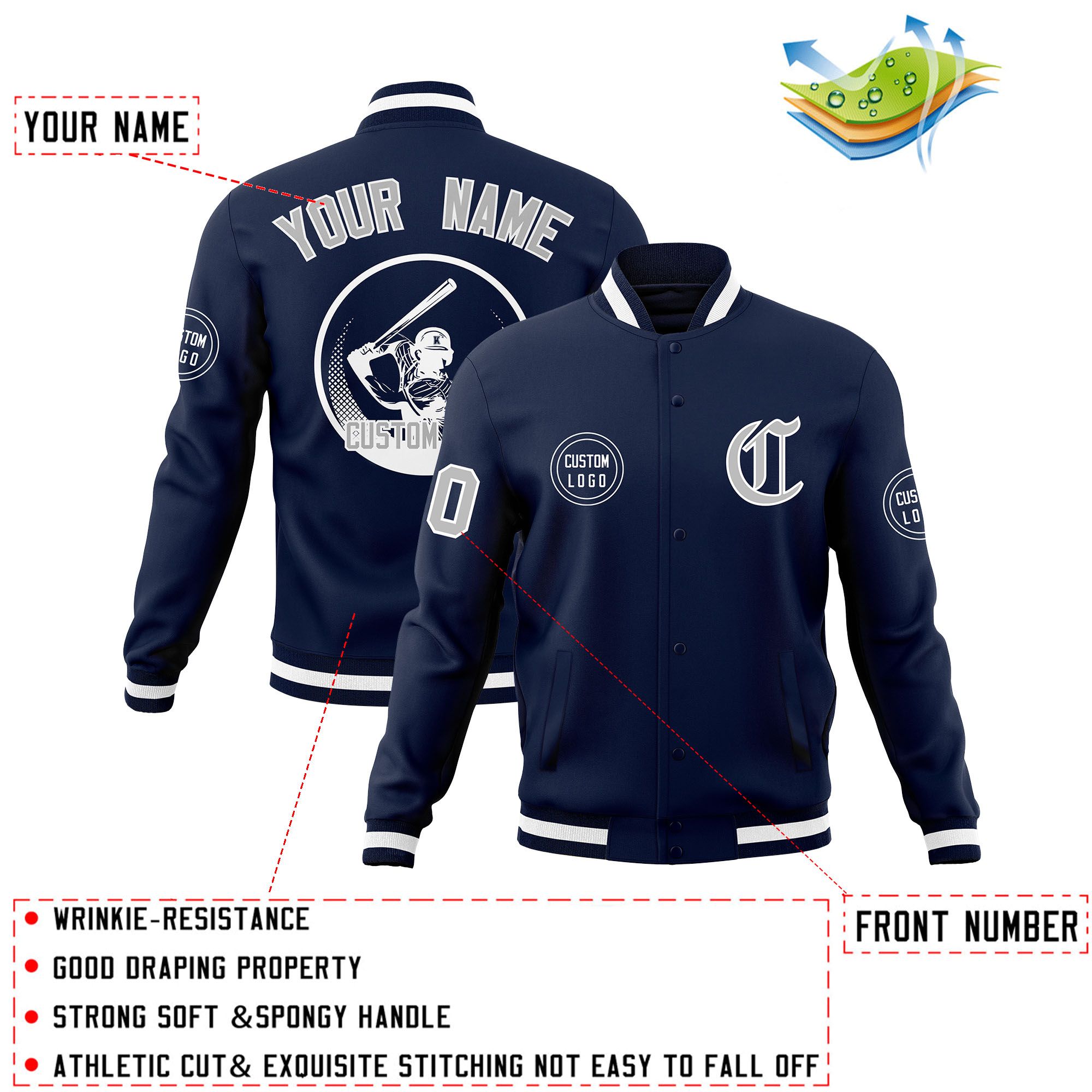 Custom Navy Full-Snap Varsity Personalized Letterman Baseball Coats Jacket