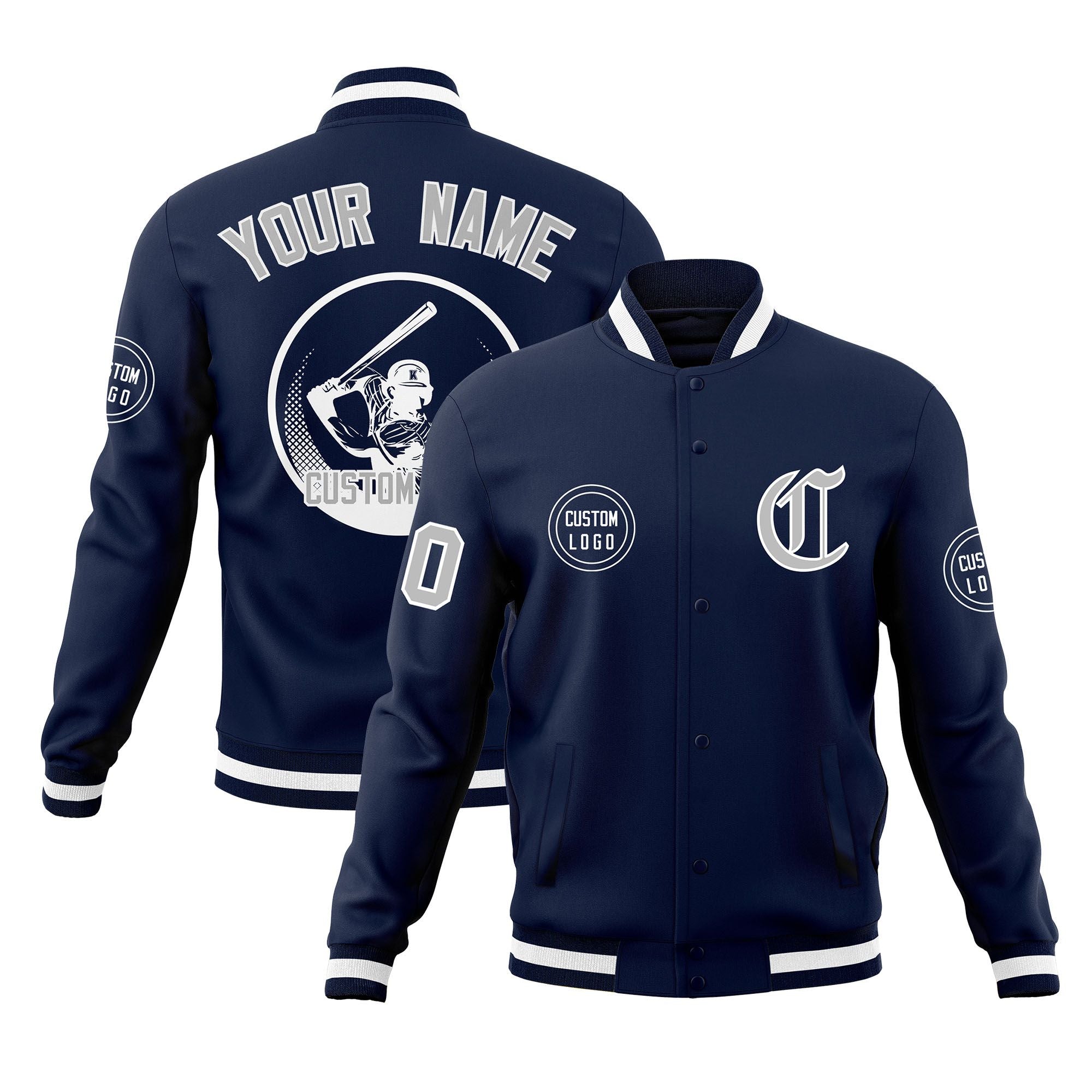 Custom Navy Full-Snap Varsity Personalized Letterman Baseball Coats Jacket