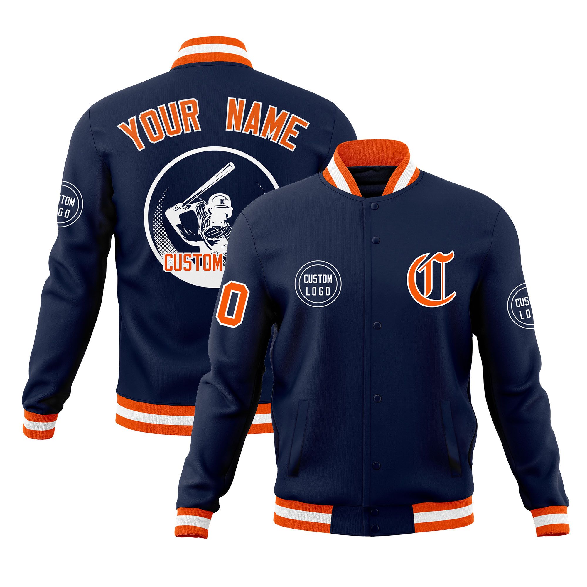 Custom Navy Full-Snap Varsity Personalized Letterman Baseball Coats Jacket