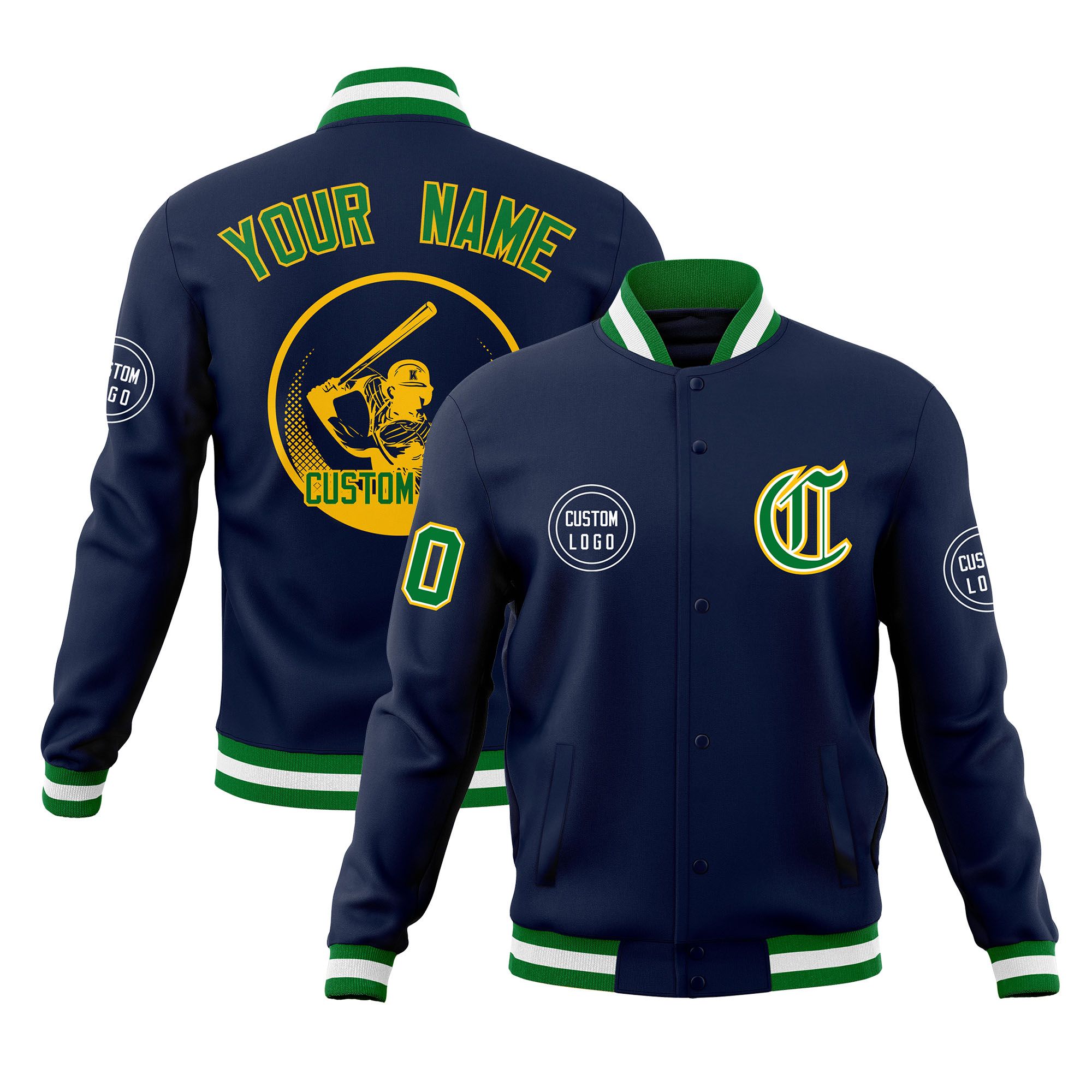 Custom Navy Full-Snap Varsity Personalized Letterman Baseball Coats Jacket