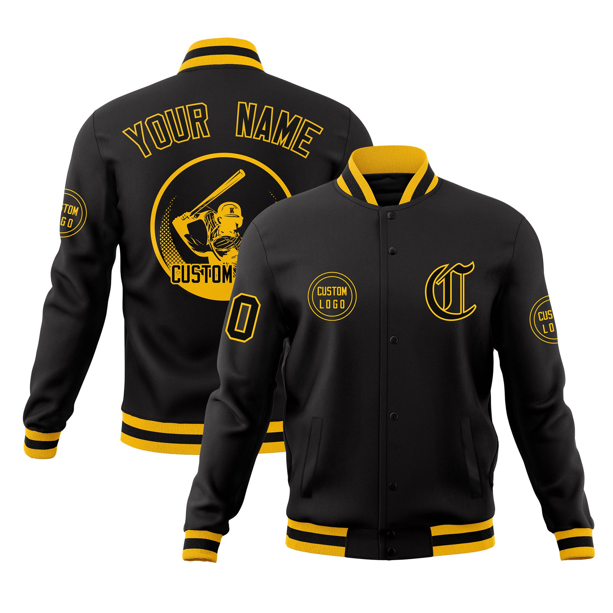 Custom Black Full-Snap Varsity Personalized Letterman Baseball Coats Jacket