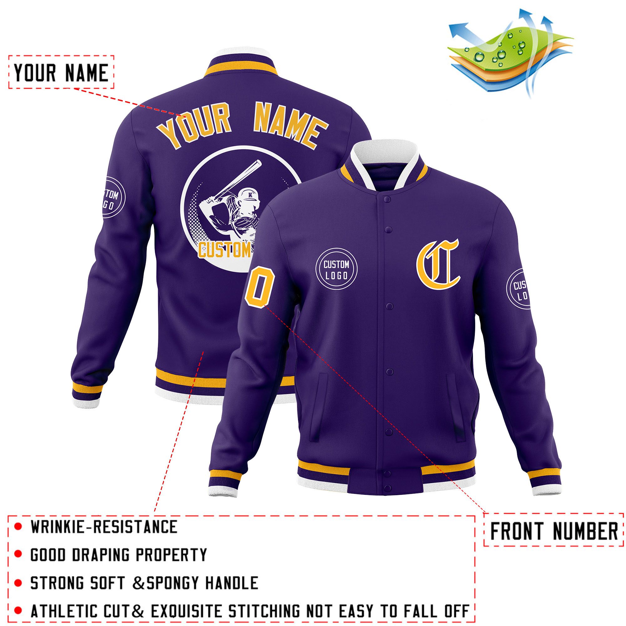 Custom Purple Full-Snap Varsity Personalized Letterman Baseball Coats Jacket