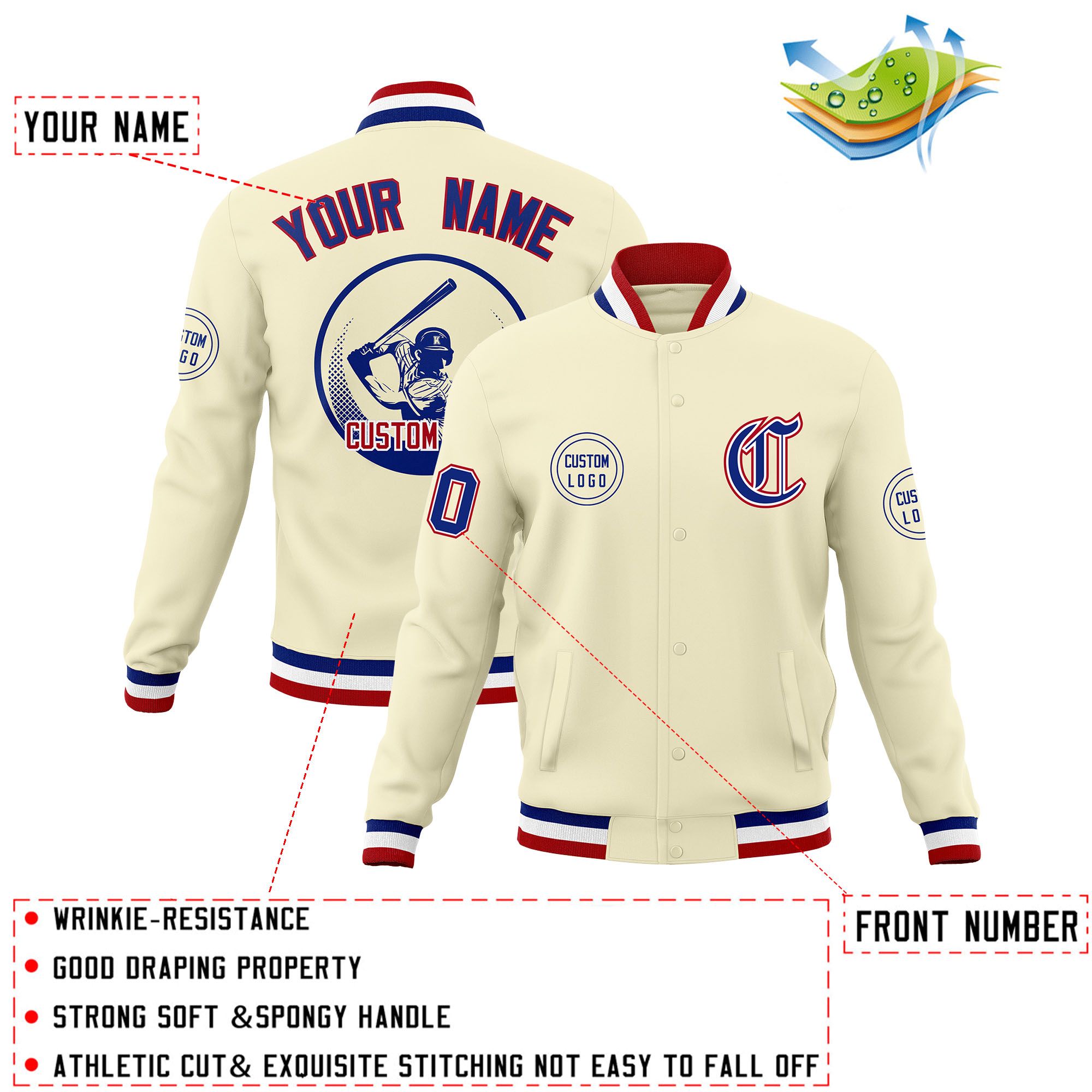 Custom Cream Full-Snap Varsity Personalized Letterman Baseball Coats Jacket