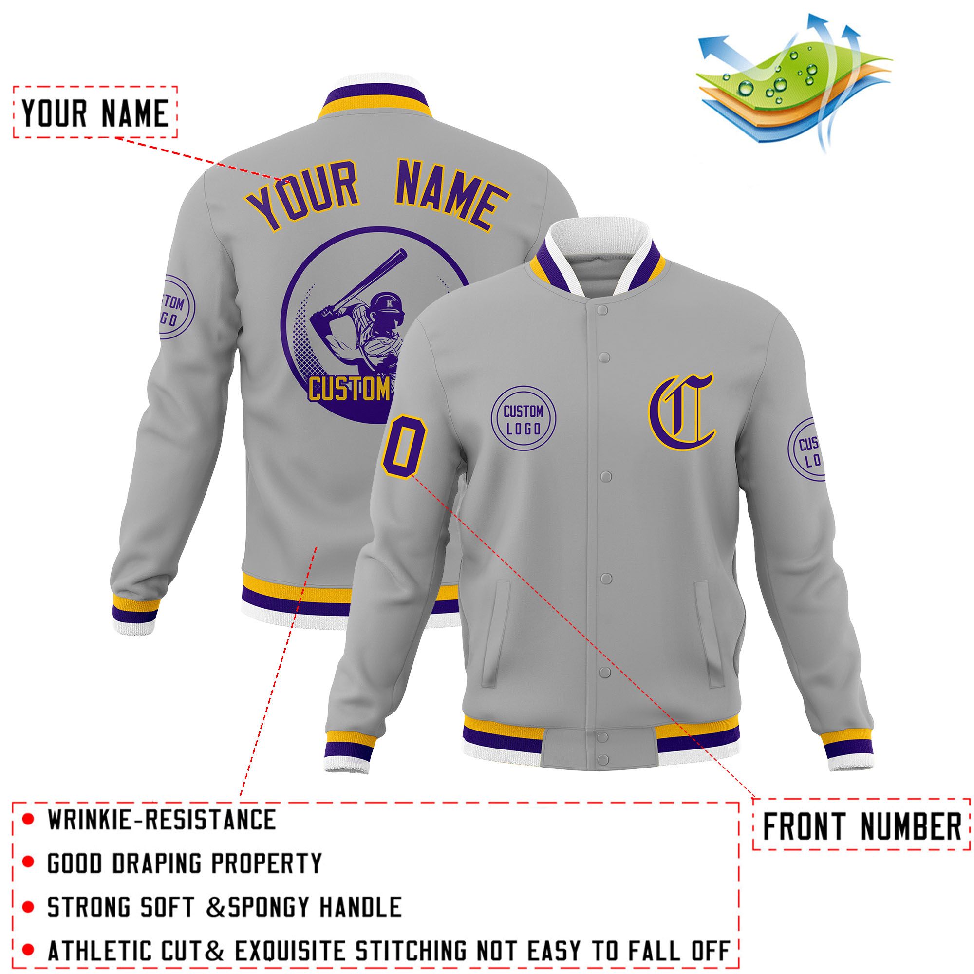 Custom Gray Full-Snap Varsity Personalized Letterman Baseball Coats Jacket